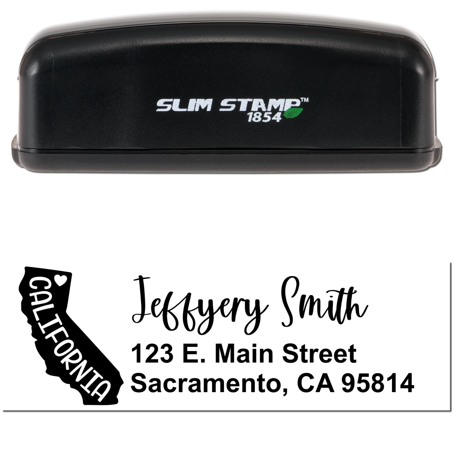 Slim California Custom Address Stamp for Envelopes, featuring a sleek black design with Slim Stamp 1854 branding. Includes a sample address with a California state outline and heart graphic.