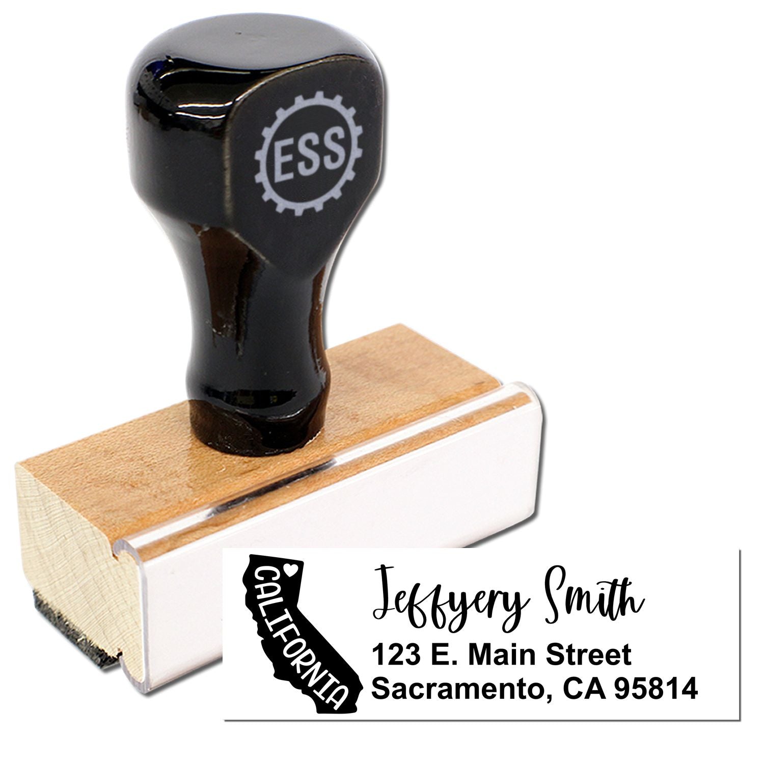 Image of the California State Love Personalized Address Stamp with a wooden handle and black top, featuring a sample address: Jeffery Smith, 123 E. Main Street, Sacramento, CA 95814.