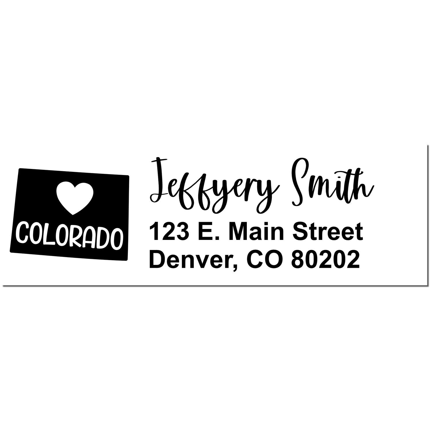 PSI Pre-Inked Colorado State Love Customized Address Stamp featuring a heart and 'Colorado' design, personalized with 'Jeffery Smith, 123 E. Main Street, Denver, CO 80202' in black text.