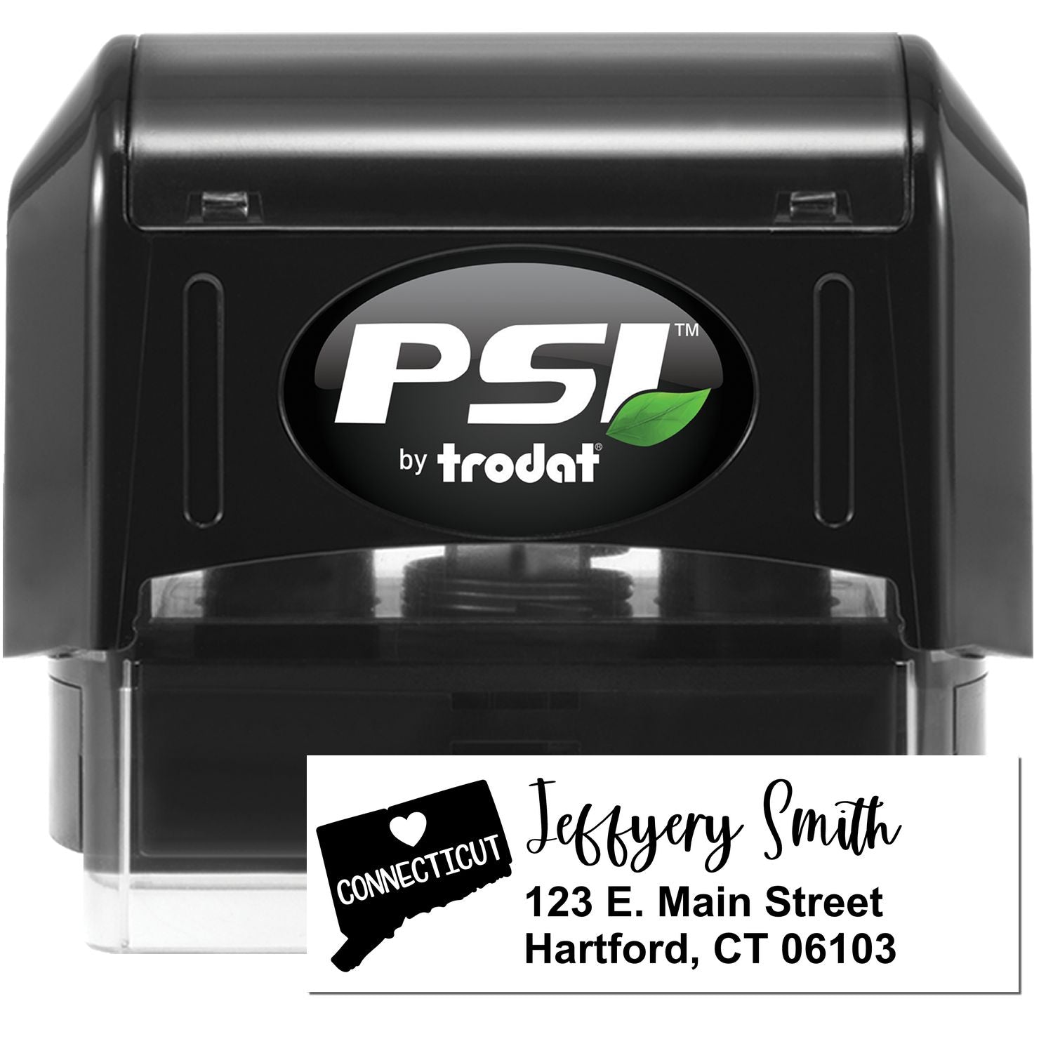 PSI Pre-Inked Connecticut State Love Customized Address Stamp, featuring a black casing with a sample address label showing a heart over Connecticut. Perfect for personalized mailings.