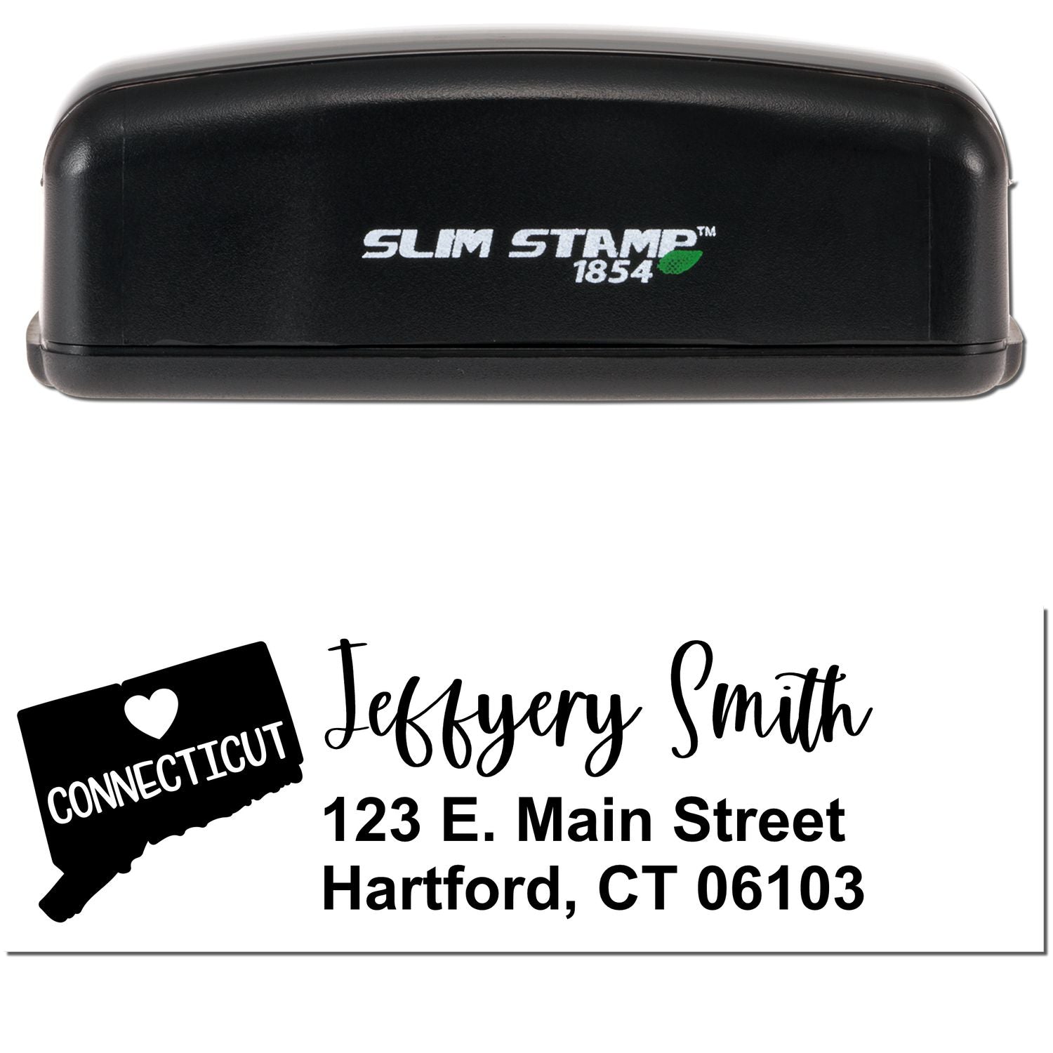 Image of a Slim Connecticut Custom Address Stamp for Envelopes, featuring a black stamp with Slim Stamp 1854 branding and a sample address: Jeffery Smith, 123 E. Main Street, Hartford, CT 06103.