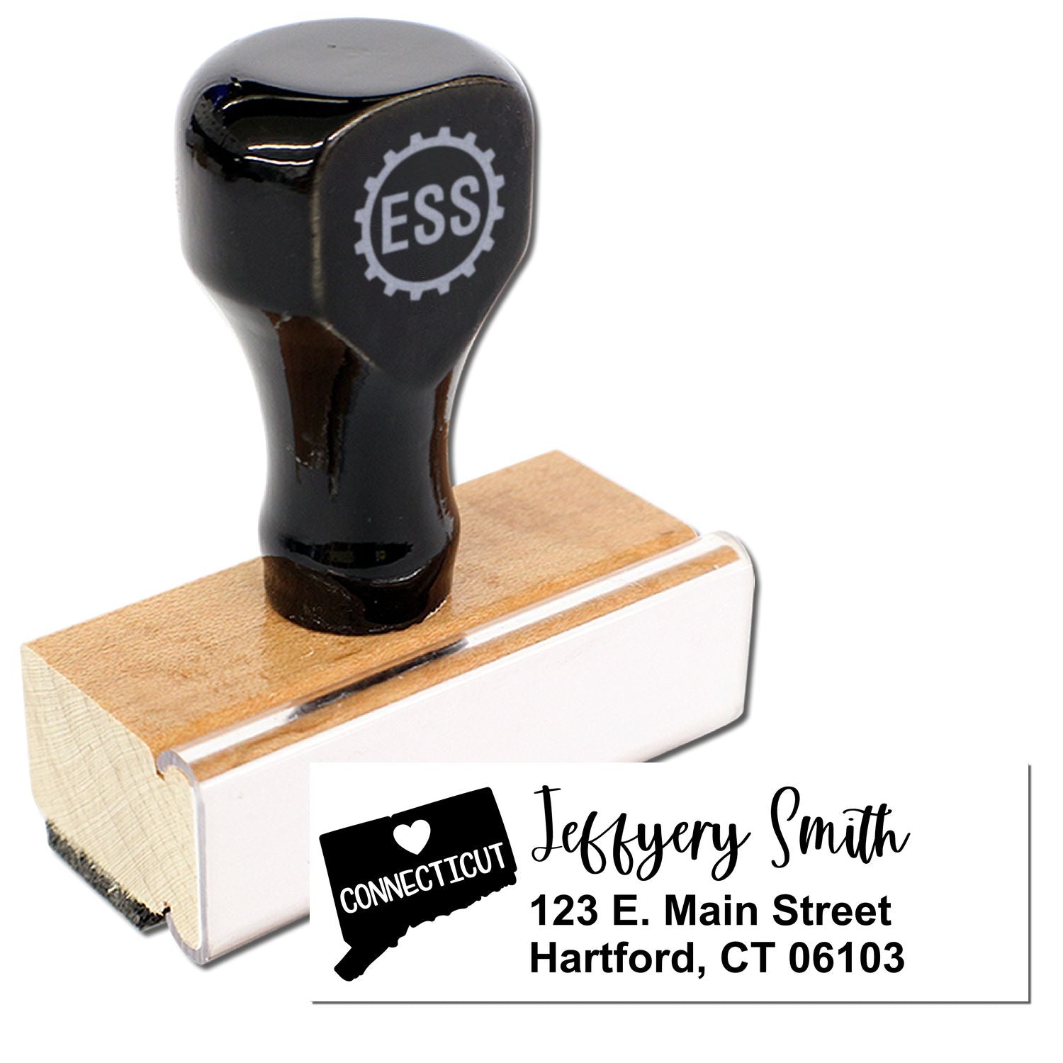 Image of the Connecticut State Love Personalized Address Stamp with a wooden base and black handle, featuring a customizable address design with a heart over the state outline.