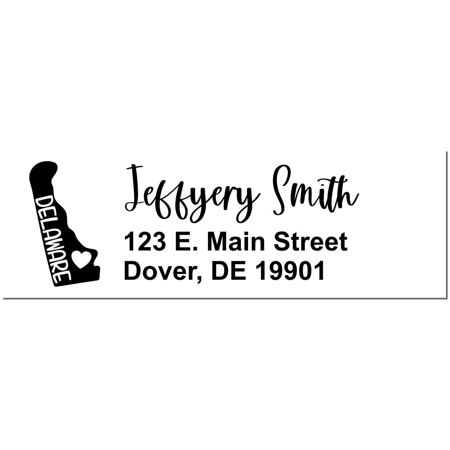 State Love of Delaware Custom Address Stamp Self-Inking featuring a Delaware outline with heart, personalized with 'Jeffery Smith, 123 E. Main Street, Dover, DE 19901' in stylish font.