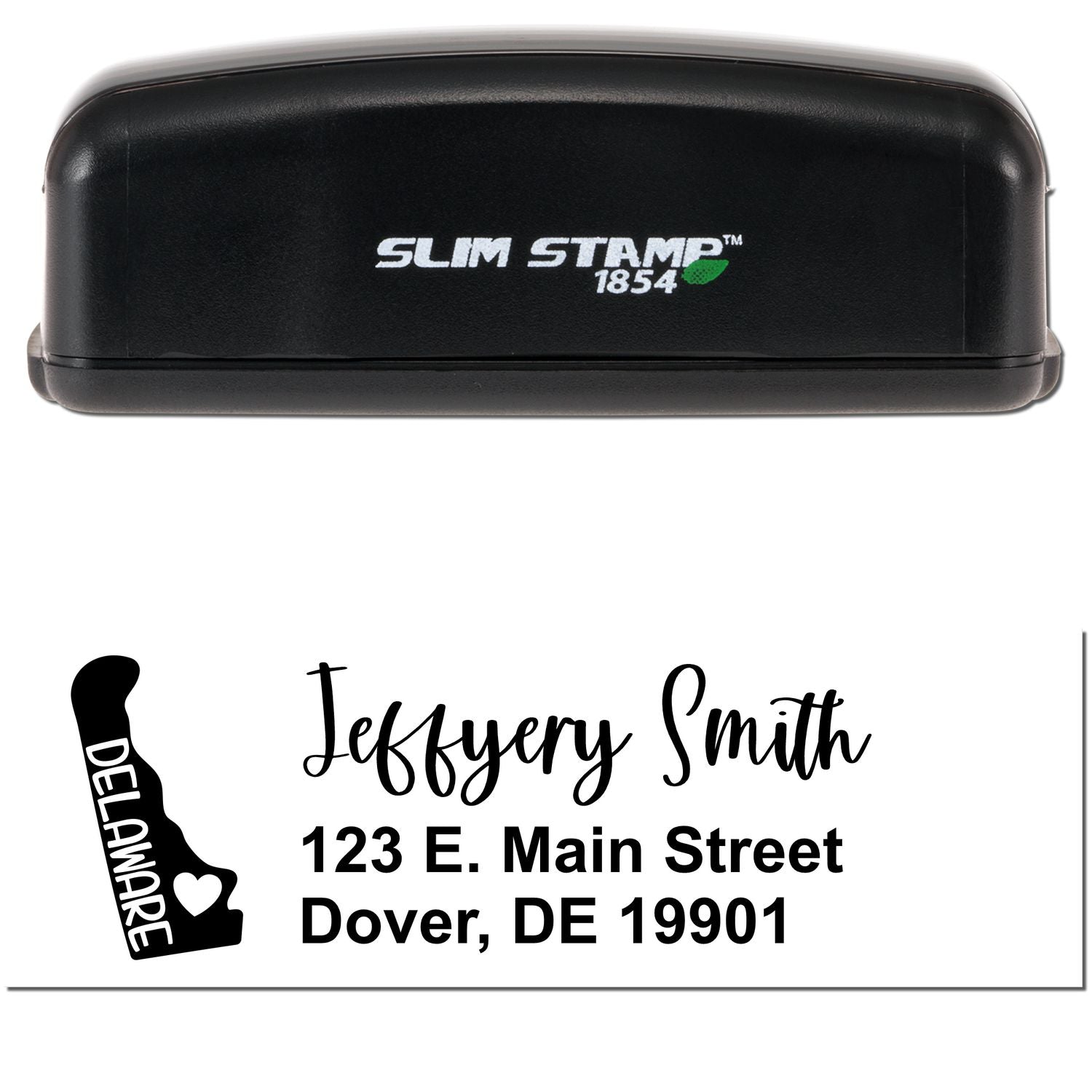 Image of a Slim Delaware Custom Address Stamp for Envelopes, featuring a black stamp with Slim Stamp 1854 branding and a sample address design with a Delaware state outline and heart.