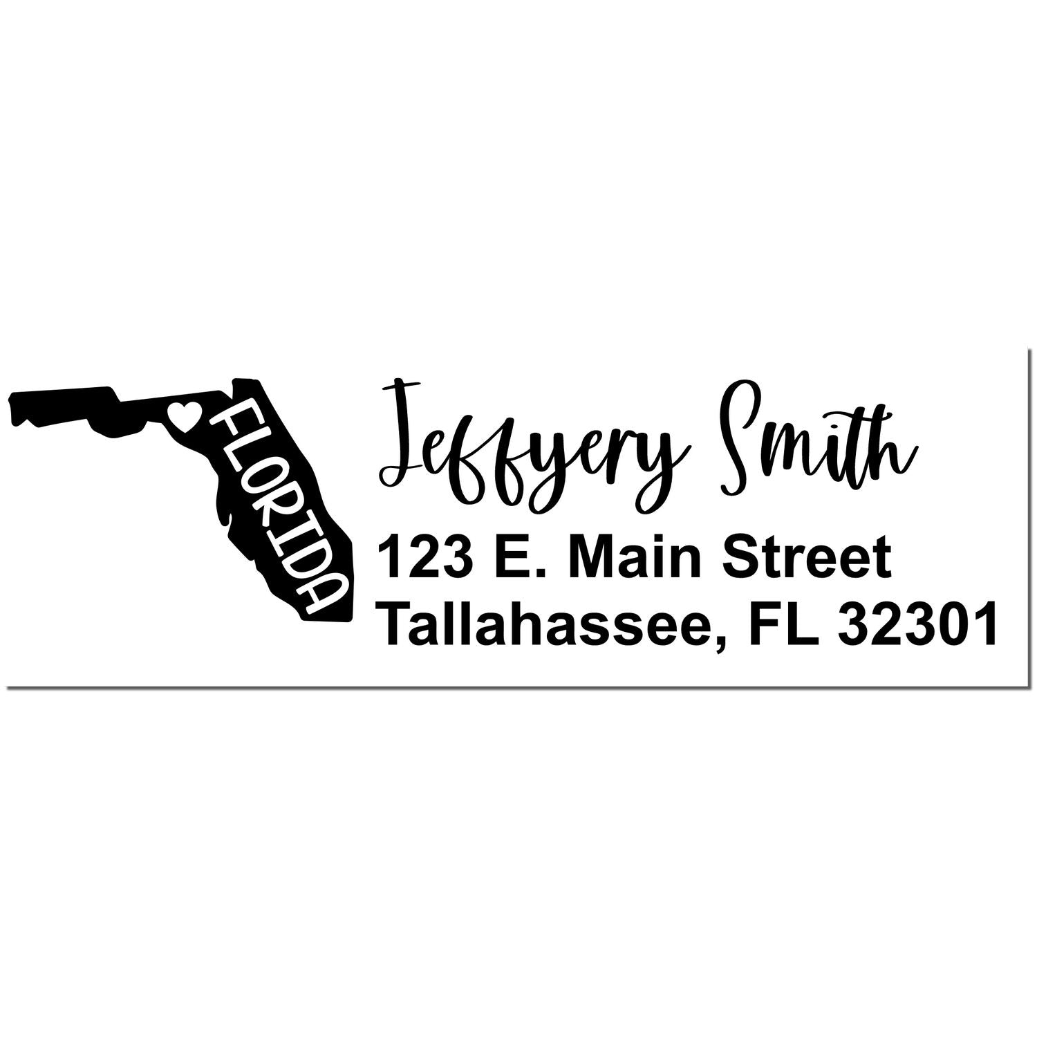 Slim Florida Custom Address Stamp for Envelopes featuring a Florida state outline with a heart, personalized with Jeffery Smith, 123 E. Main Street, Tallahassee, FL 32301 in elegant script.