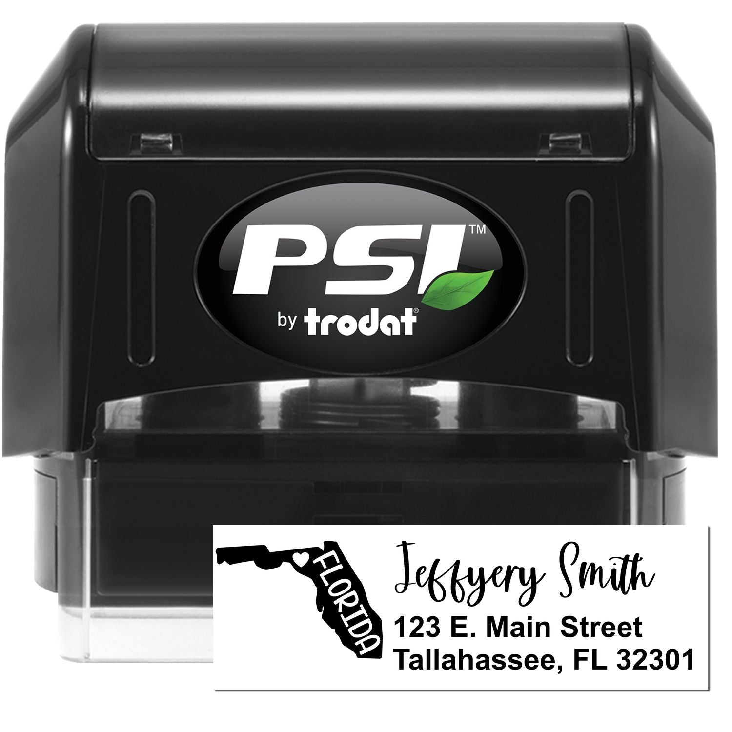 PSI Pre-Inked Florida State Love Customized Address Stamp featuring a sleek black design with a sample address and Florida state outline. Perfect for personalized mailings.