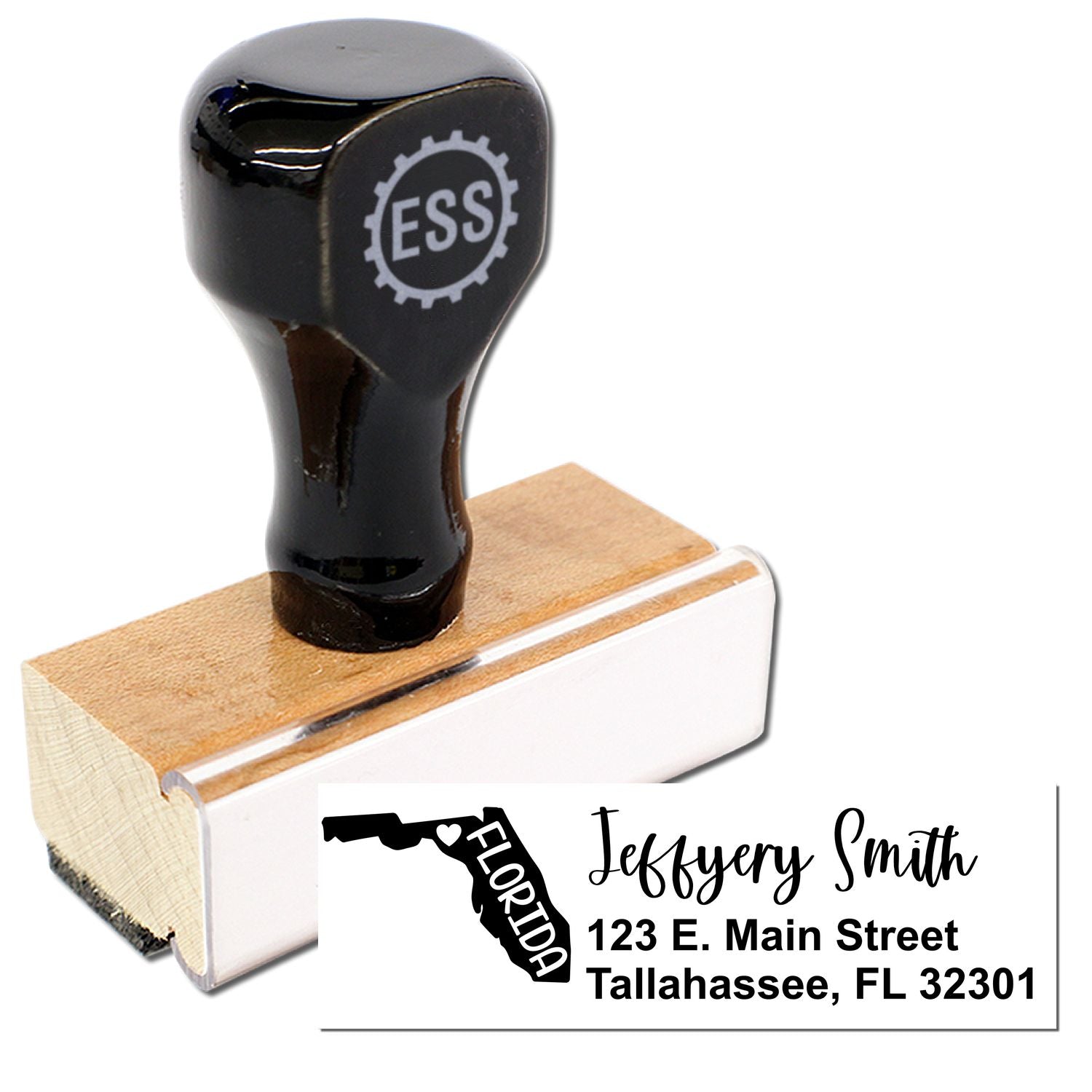 Image of the Florida State Love Personalized Address Stamp with a wooden handle and black top, featuring a sample address: Jeffery Smith, 123 E. Main Street, Tallahassee, FL 32301.