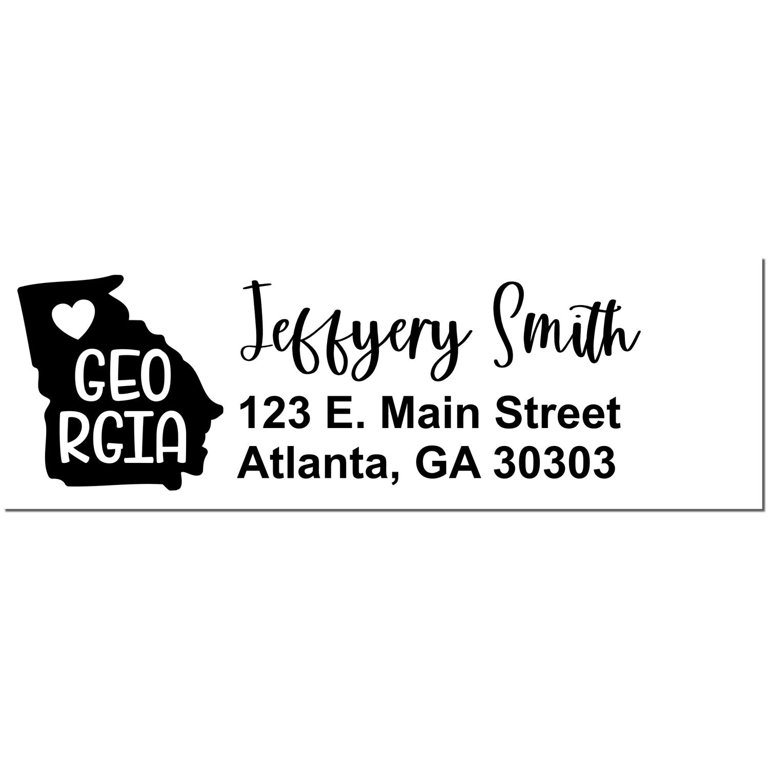 Slim Georgia Custom Address Stamp for Envelopes featuring a heart design within the state outline, personalized with Jeffery Smith, 123 E. Main Street, Atlanta, GA 30303 in elegant script.