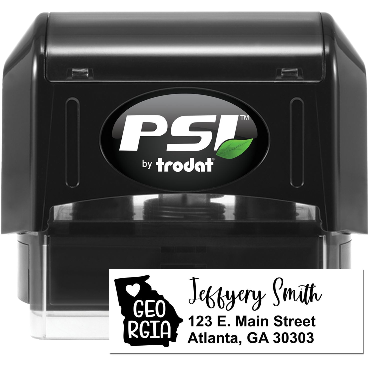 PSI Pre-Inked Georgia State Love Customized Address Stamp featuring a black casing with a sample address: Jeffery Smith, 123 E. Main Street, Atlanta, GA 30303, and a Georgia state outline with a heart.