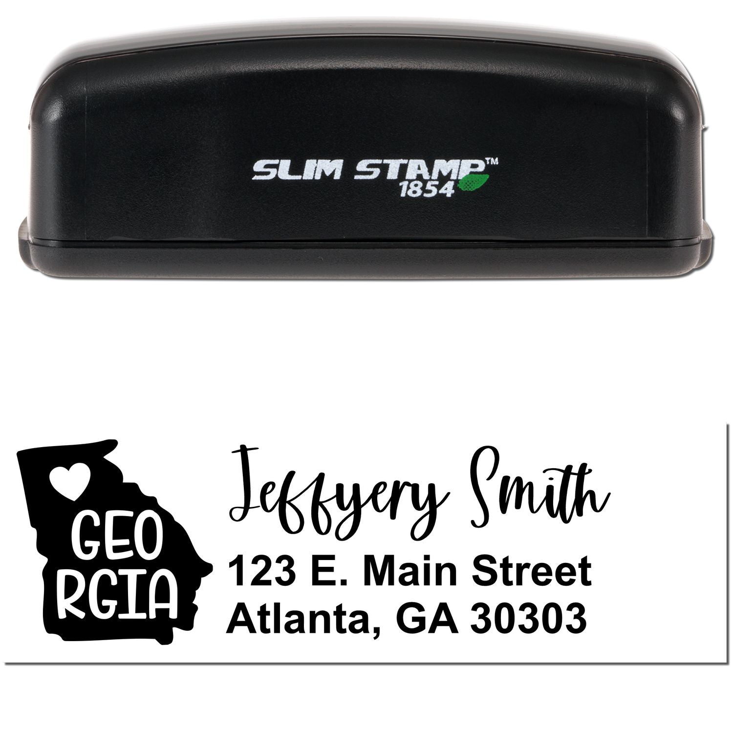 Image of a Slim Georgia Custom Address Stamp for Envelopes, featuring a black stamp with Slim Stamp 1854 branding and a sample address design with a Georgia state outline and cursive text.