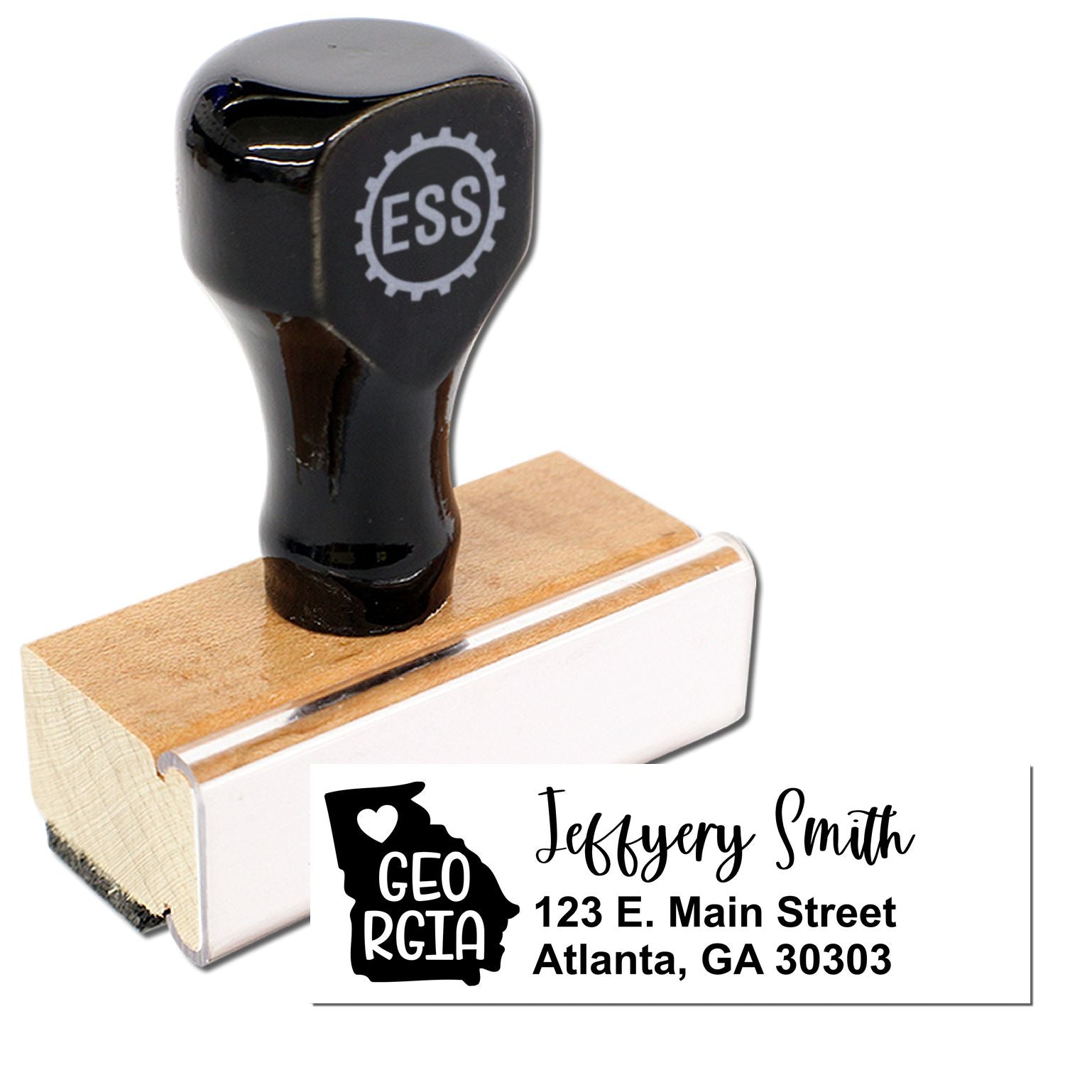 Image of the Georgia State Love Personalized Address Stamp with a wooden handle and black top, featuring a design of Georgia's outline and personalized address details on a white card.