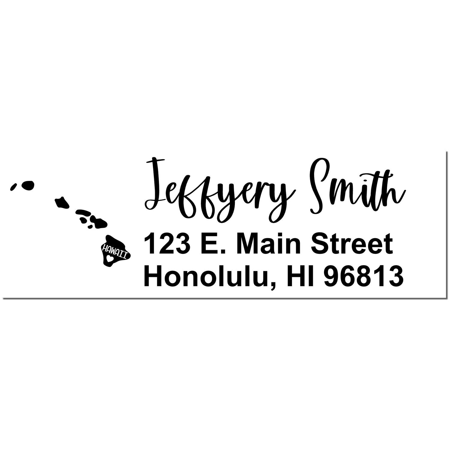 Slim Hawaii Custom Address Stamp for Envelopes featuring a map of Hawaii and personalized text in elegant script. Ideal for adding a unique touch to mail with a Honolulu address.