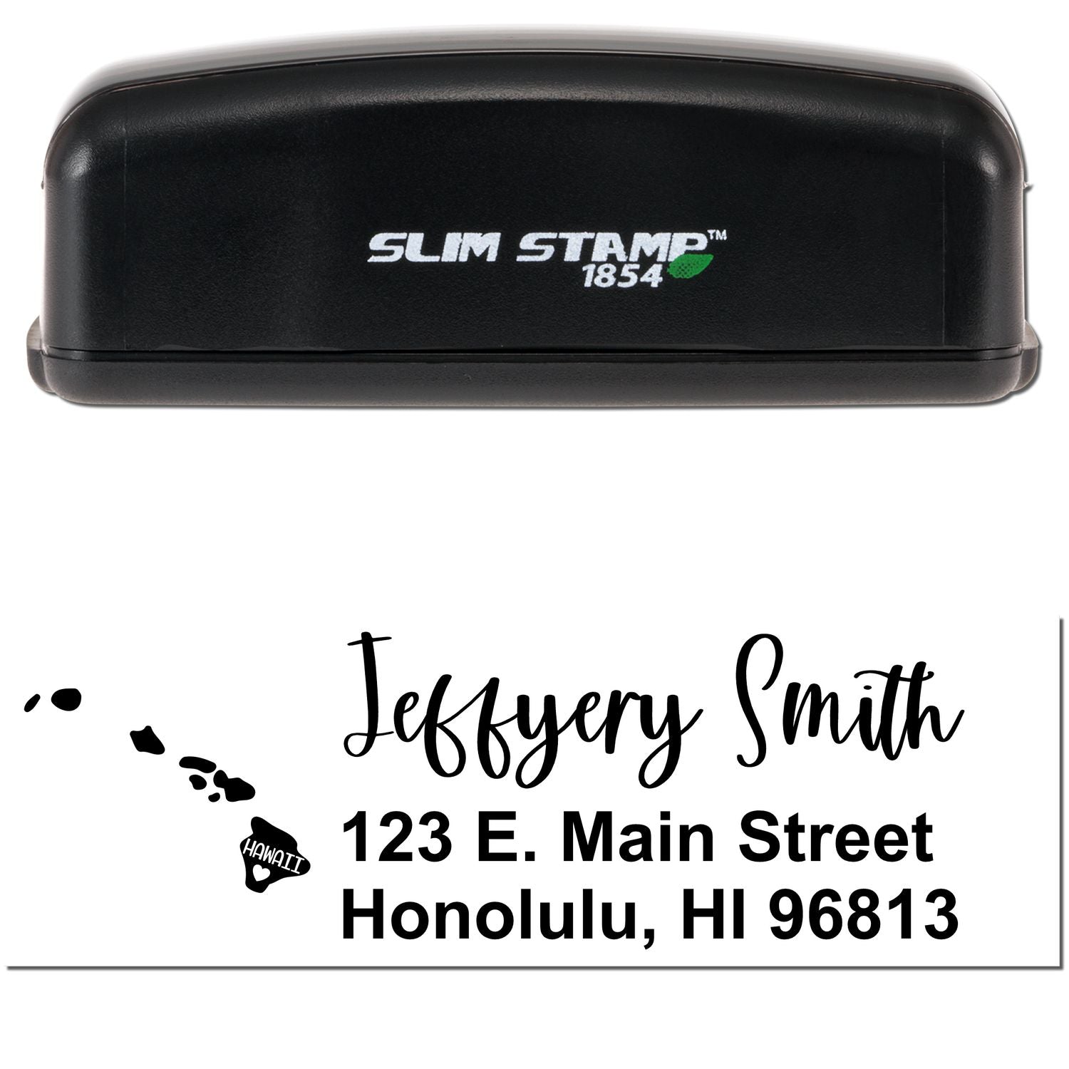 Slim Hawaii Custom Address Stamp for Envelopes, featuring a sleek black design with Slim Stamp 1854 branding, and a sample address with a Hawaii map icon. Perfect for personalizing mail.