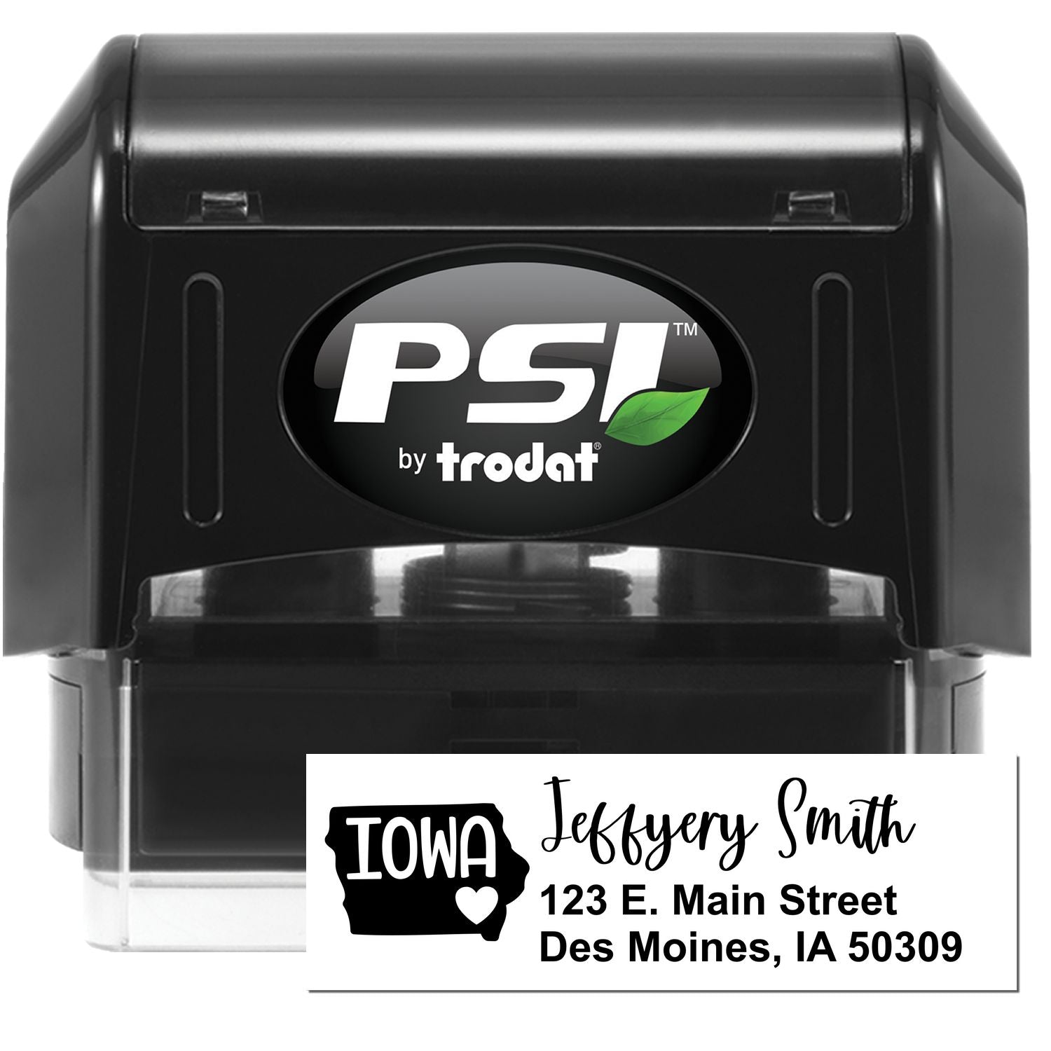 PSI Pre-Inked Iowa State Love Customized Address Stamp featuring a black casing with a sample address and Iowa state design. Ideal for personalizing mail with style and efficiency.