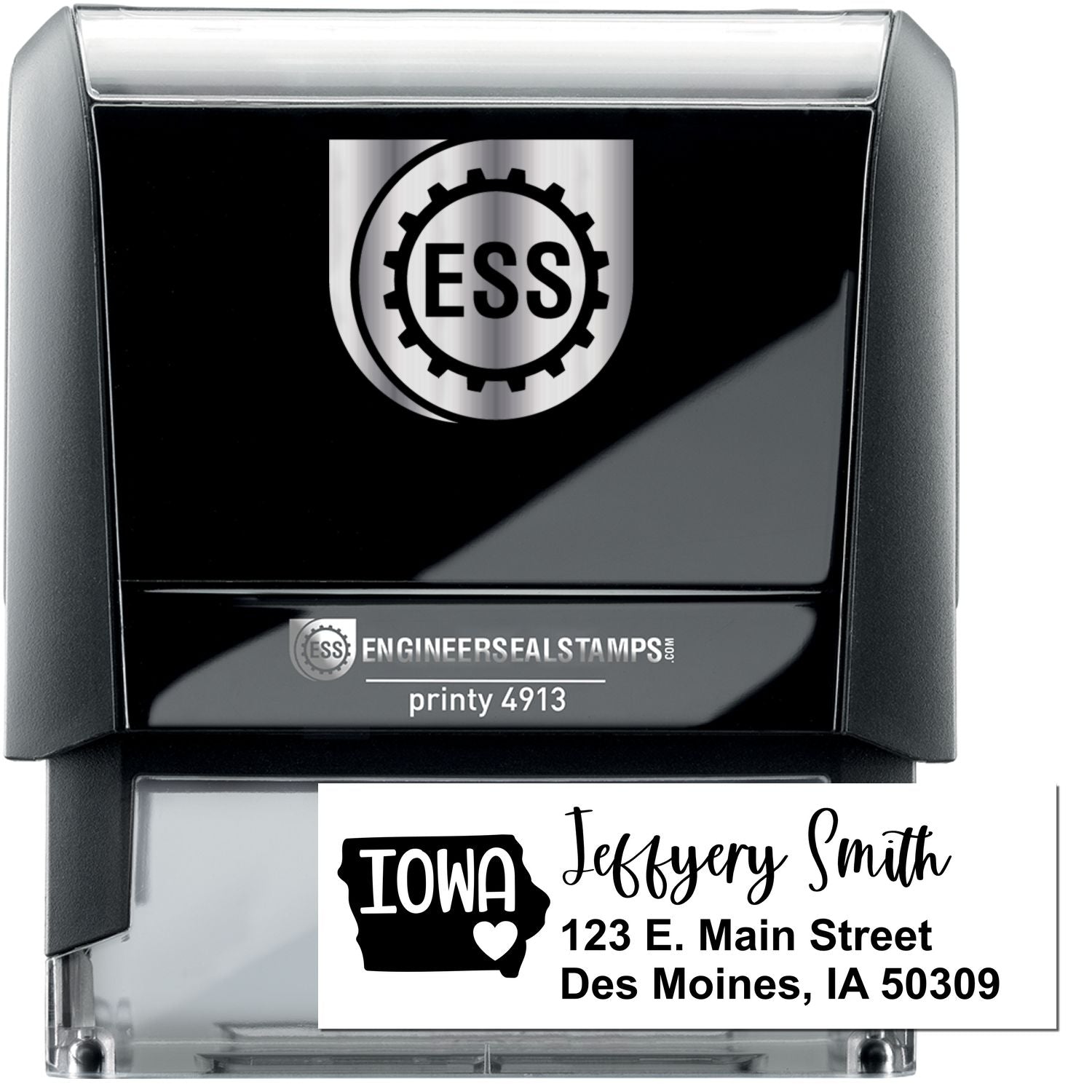 State Love of Iowa Custom Address Stamp Self-Inking, featuring a black casing with ESS logo. Includes a sample address: Jeffery Smith, 123 E. Main Street, Des Moines, IA 50309.