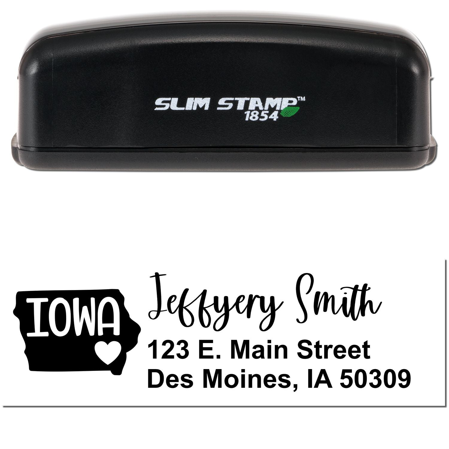 Slim Iowa Custom Address Stamp for Envelopes, featuring a black casing with Slim Stamp 1854 text. Below, a sample address with a heart-shaped Iowa icon and stylized font.