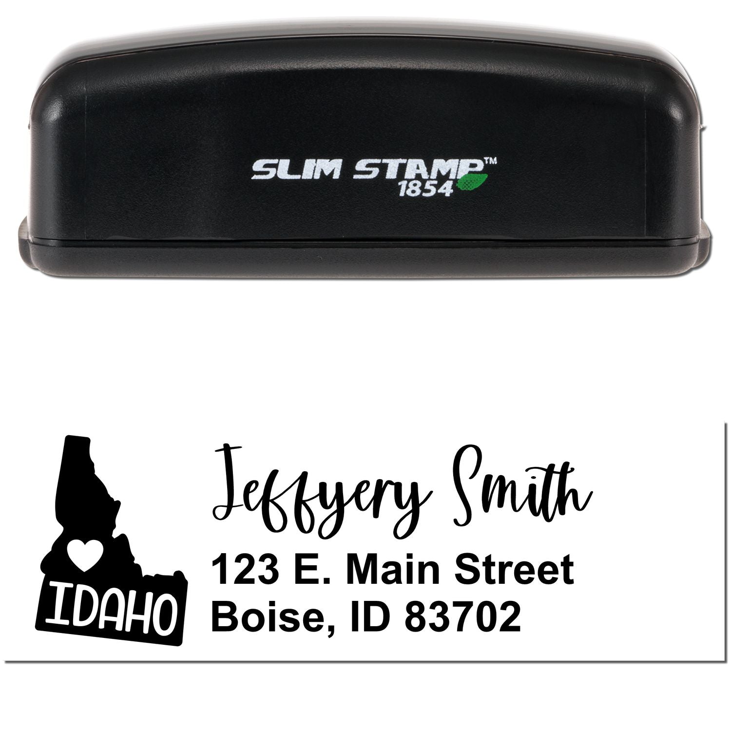 Image of a black Slim Idaho Custom Address Stamp for Envelopes, featuring a sample address with a heart and Idaho state outline.