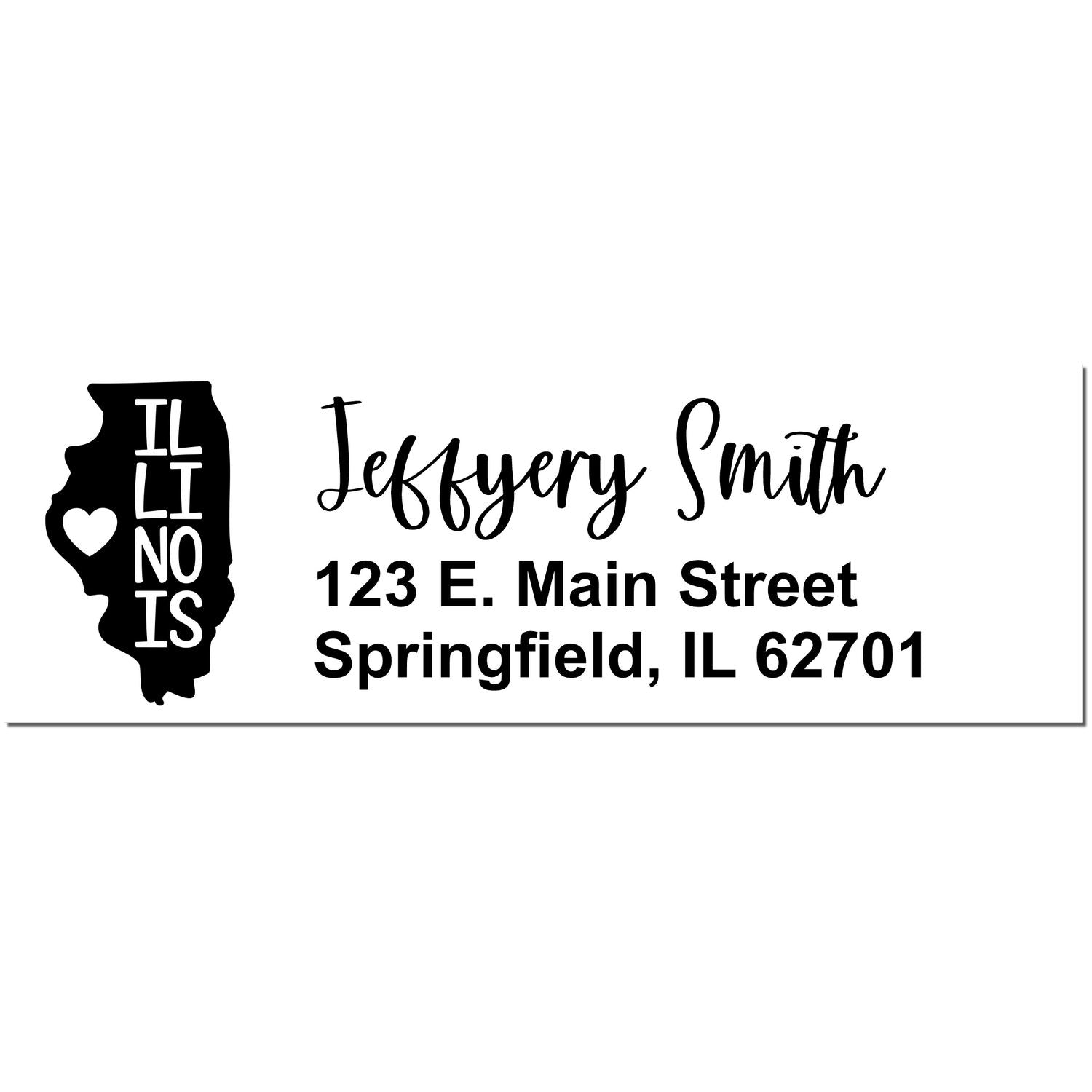 PSI Pre-Inked Illinois State Love Customized Address Stamp featuring a black outline of Illinois with a heart, personalized with Jeffery Smith, 123 E. Main Street, Springfield, IL 62701 in elegant font.