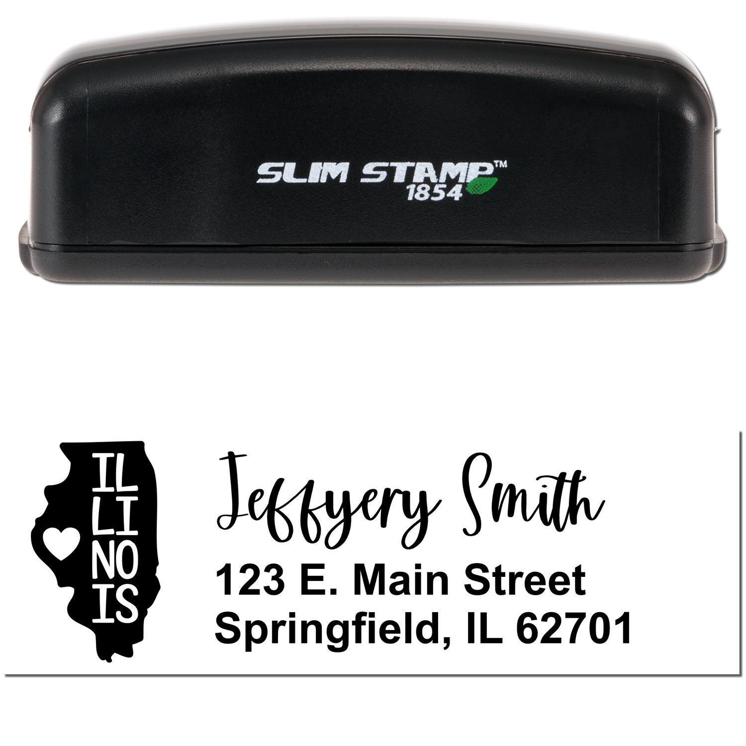 Image of a Slim Illinois Custom Address Stamp for Envelopes, featuring a black casing and a sample imprint with a heart-shaped Illinois outline, name, and address in Springfield, IL.