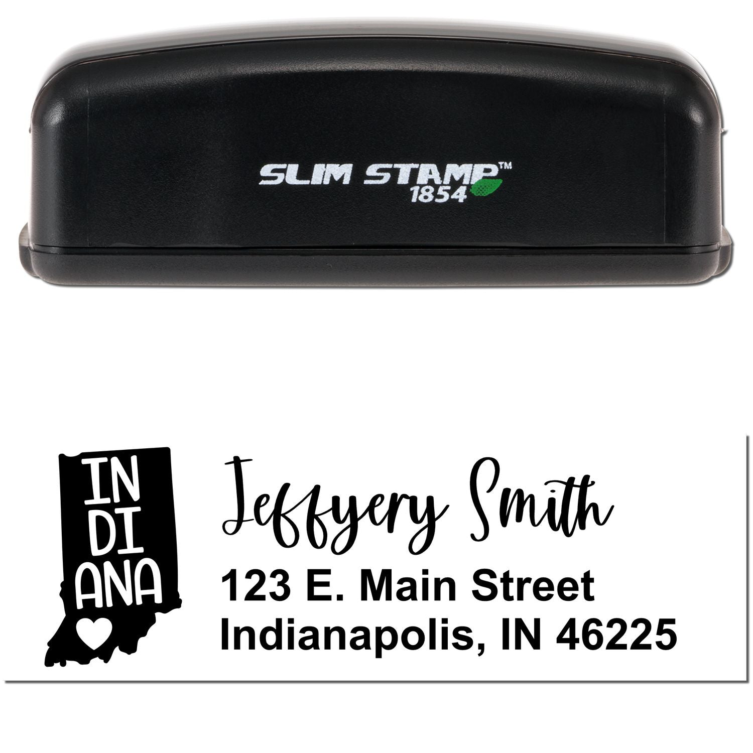 Slim Indiana Custom Address Stamp for Envelopes, featuring a sleek black design with Slim Stamp 1854 branding. Includes a sample address with Indiana state outline, ideal for personalizing mail.