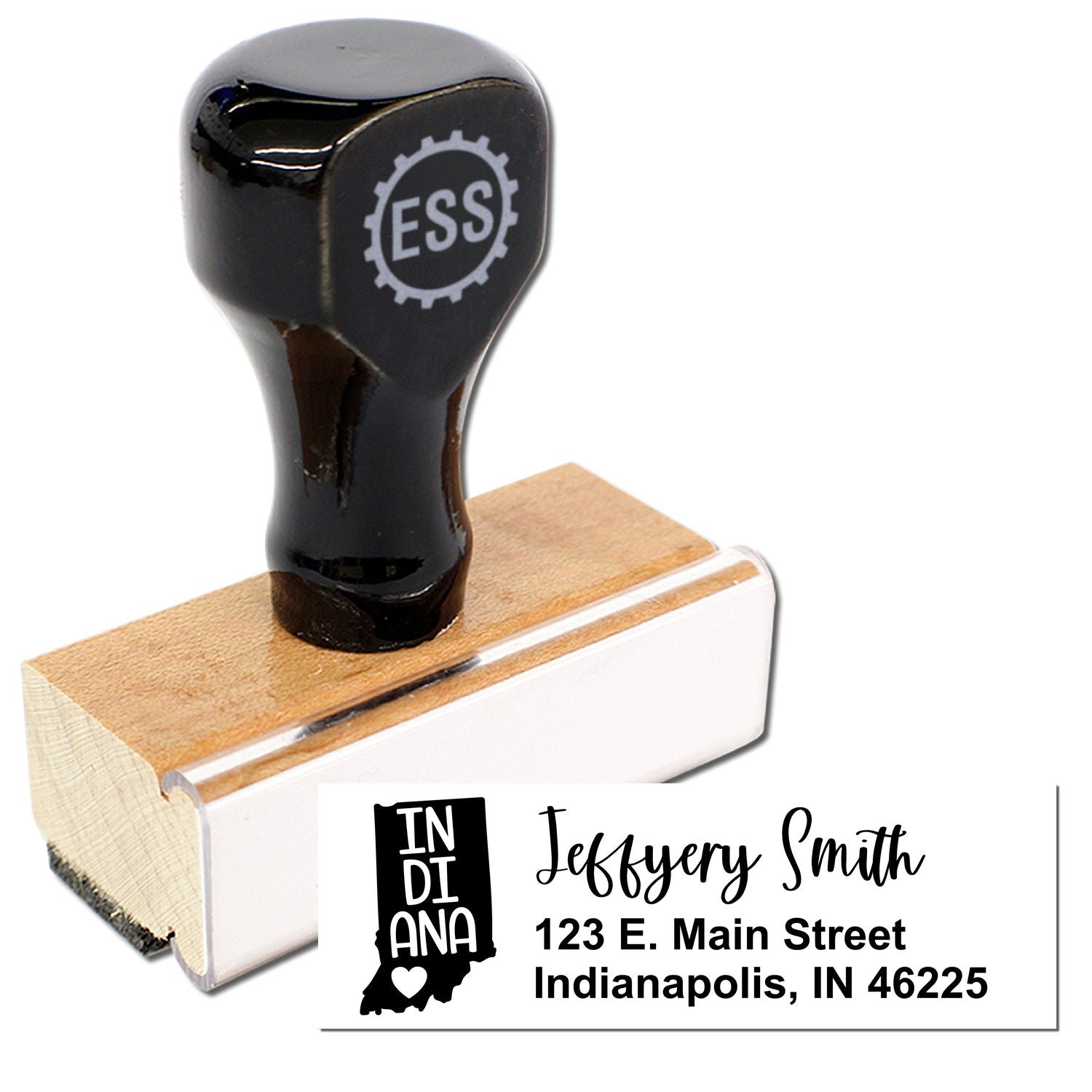 Indiana State Love Personalized Address Stamp with a wooden handle and black top. The stamp imprint shows Jeffery Smith, 123 E. Main Street, Indianapolis, IN 46225 with an Indiana state outline.