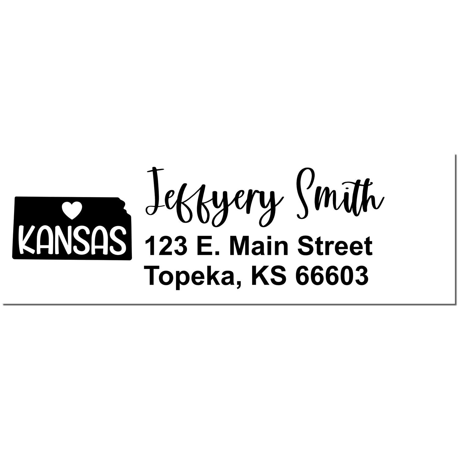 Kansas State Love Personalized Address Stamp featuring a heart and Kansas design. Custom text reads Jeffery Smith, 123 E. Main Street, Topeka, KS 66603 in elegant font.