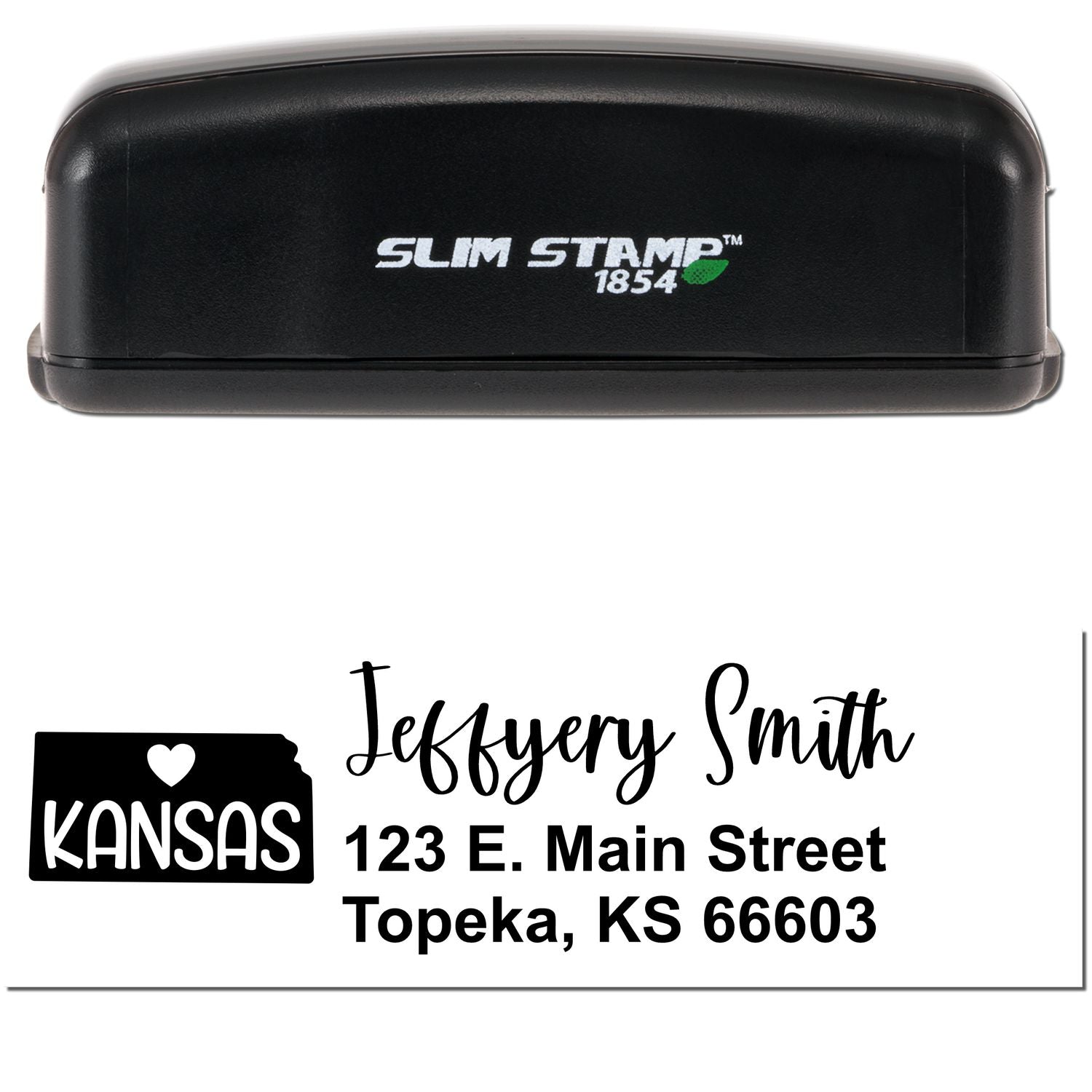 Image of a Slim Kansas Custom Address Stamp for Envelopes, featuring a sleek black design with Slim Stamp 1854 branding, and a sample address with a Kansas state icon and heart.