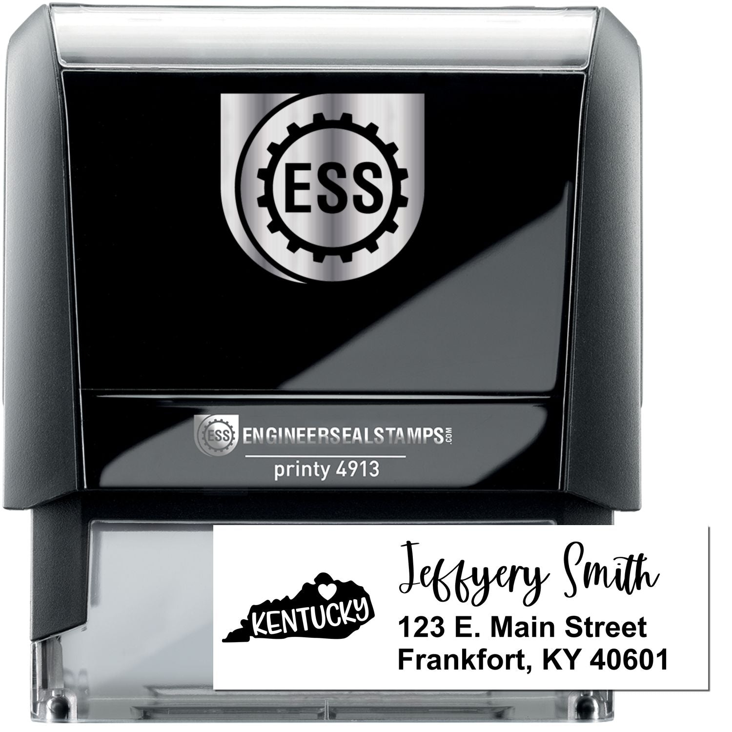 State Love of Kentucky Custom Address Stamp Self-Inking, featuring a black casing with ESS logo, and a sample address: Jeffery Smith, 123 E. Main Street, Frankfort, KY 40601.