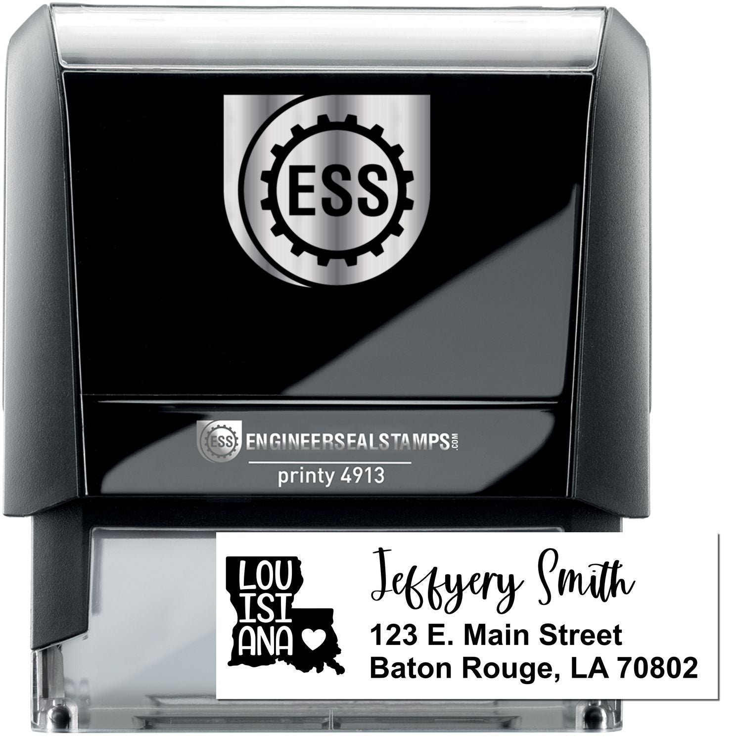 State Love of Louisiana Custom Address Stamp Self-Inking, featuring a black casing with ESS logo, and a sample address: Jeffery Smith, 123 E. Main Street, Baton Rouge, LA 70802.