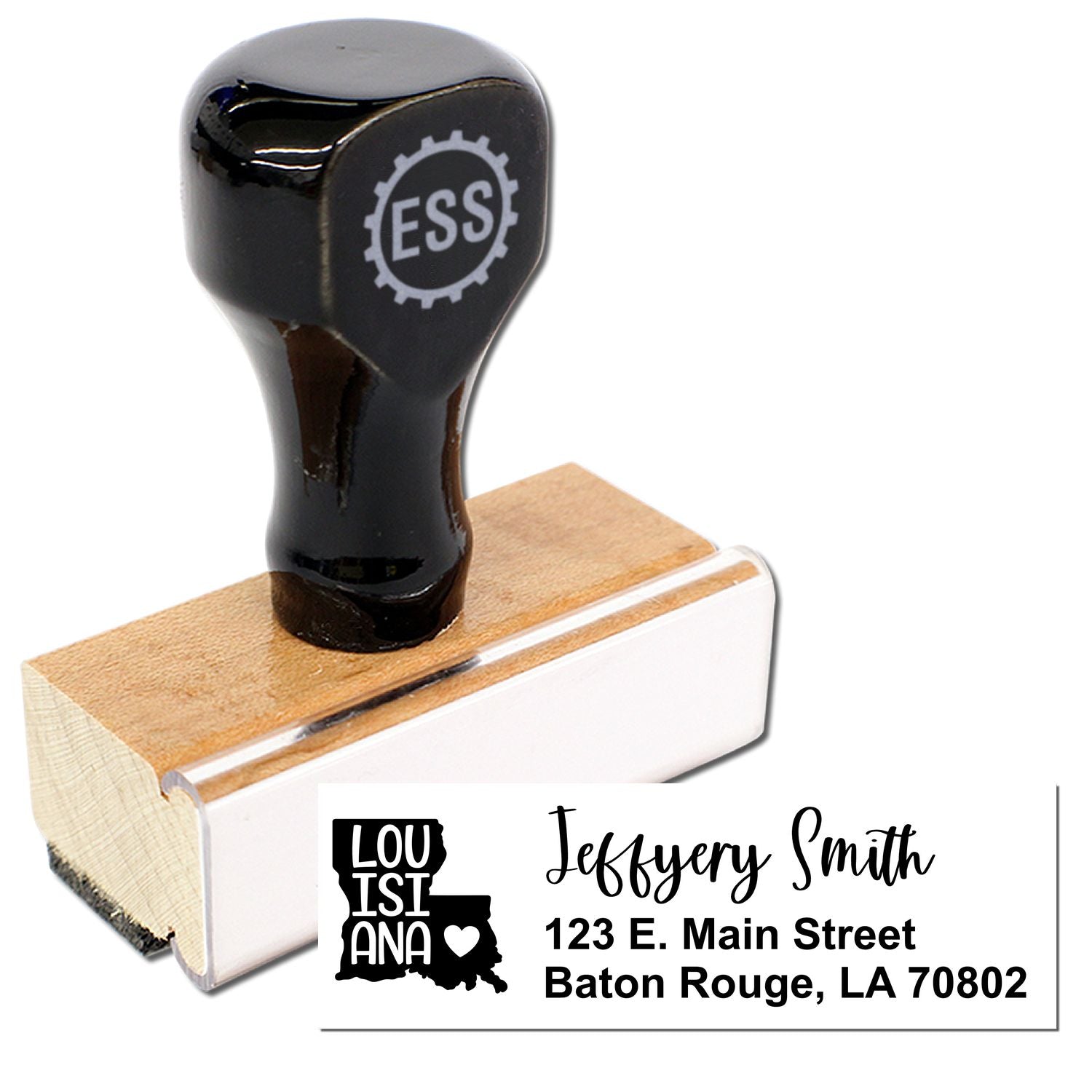 Image of the Louisiana State Love Personalized Address Stamp with a wooden handle and black top, featuring a custom address design for Jeffery Smith in Baton Rouge, LA.