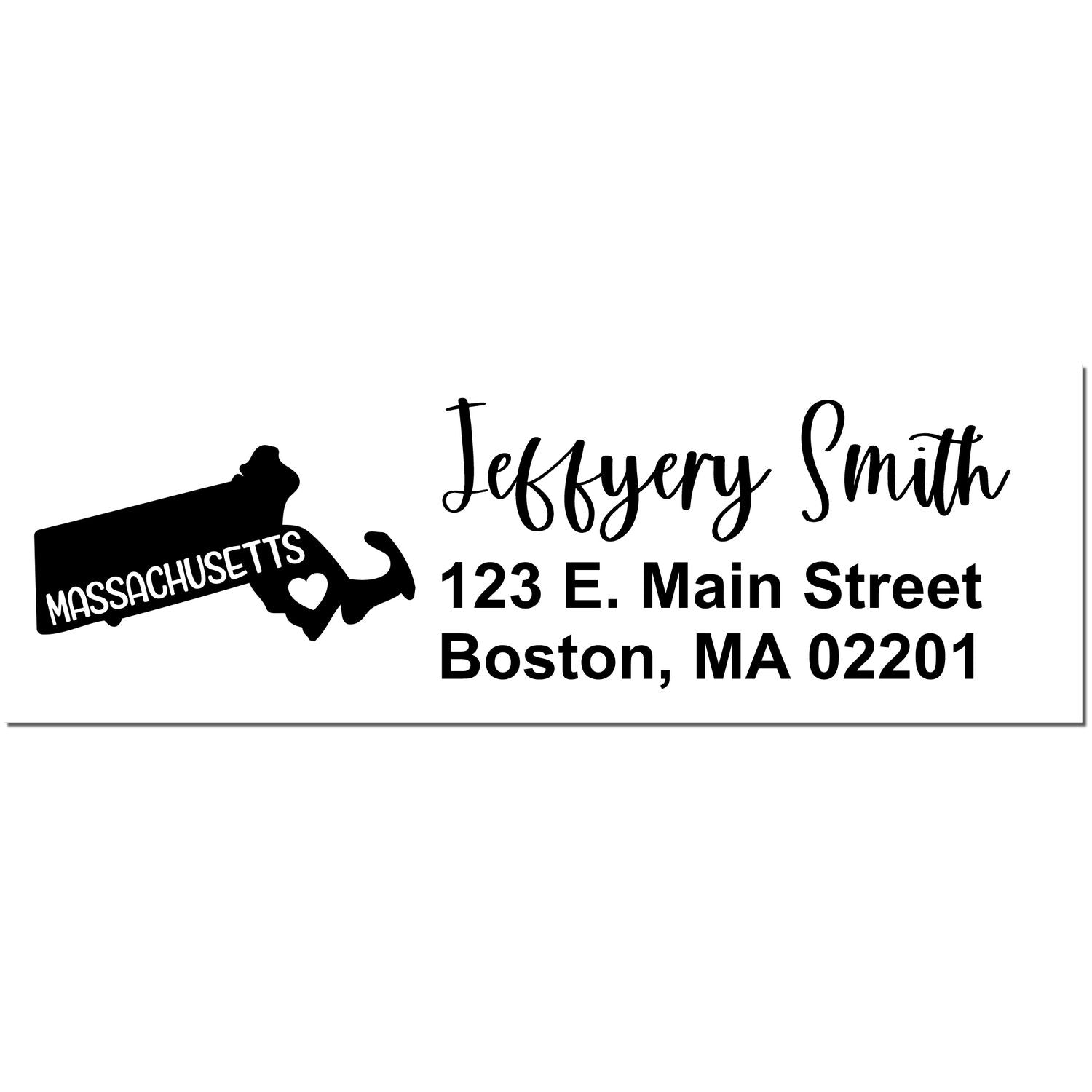 State Love of Massachusetts Custom Address Stamp Self-Inking featuring a silhouette of Massachusetts with a heart, personalized with Jeffery Smith, 123 E. Main Street, Boston, MA 02201 in elegant font.