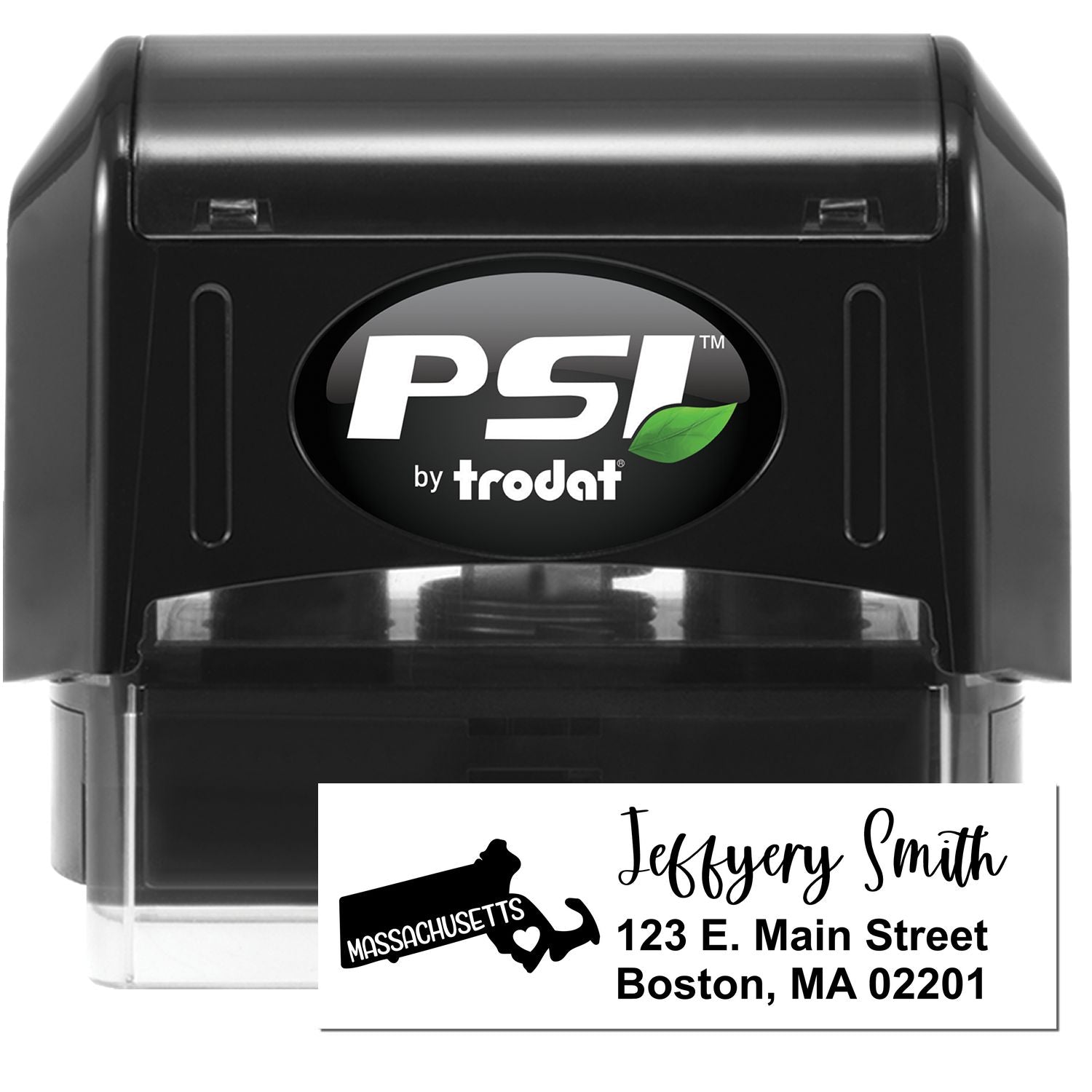 PSI Pre-Inked Massachusetts State Love Customized Address Stamp featuring a sleek black design with a sample address and Massachusetts state silhouette. Perfect for personalized mailings.