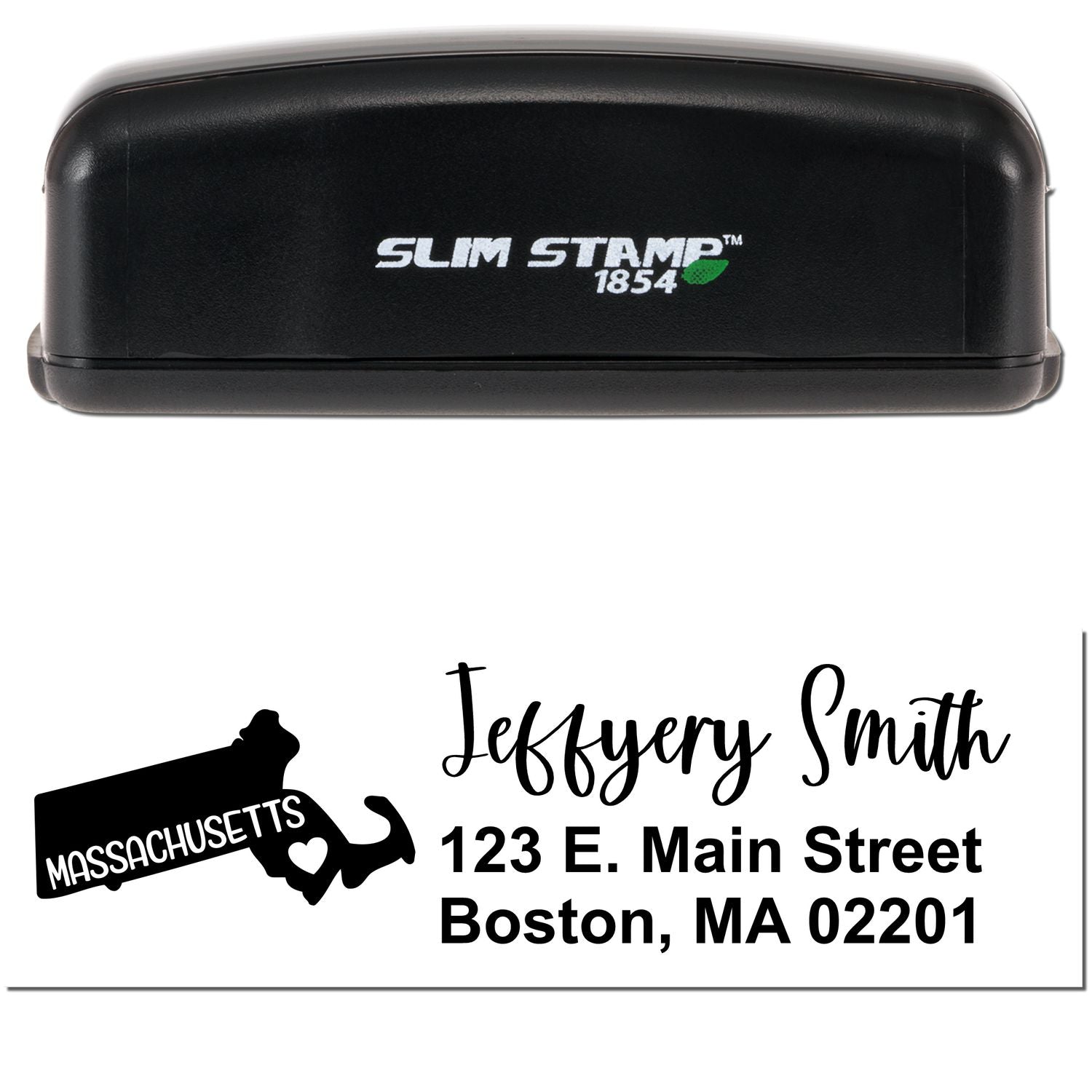 Slim Massachusetts Custom Address Stamp for Envelopes, featuring a black casing and a sample address with a Massachusetts state outline and heart. Ideal for personalizing mail with style.