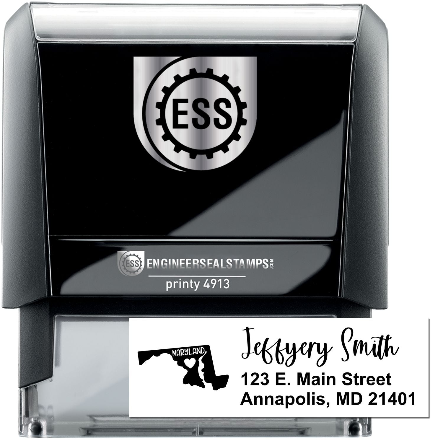 State Love of Maryland Custom Address Stamp Self-Inking, featuring a Maryland map design, personalized with Jeffery Smith, 123 E. Main Street, Annapolis, MD 21401 in black ink.