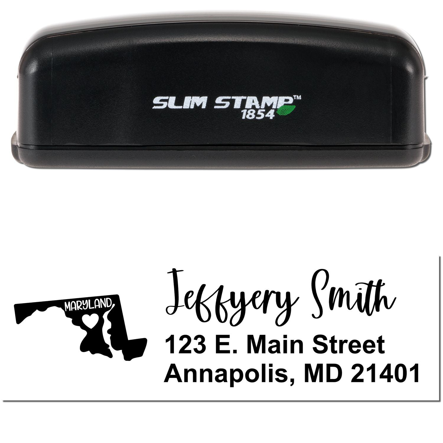 Slim Maryland Custom Address Stamp for Envelopes featuring a black casing and a sample imprint with a Maryland state outline, heart, and personalized address.