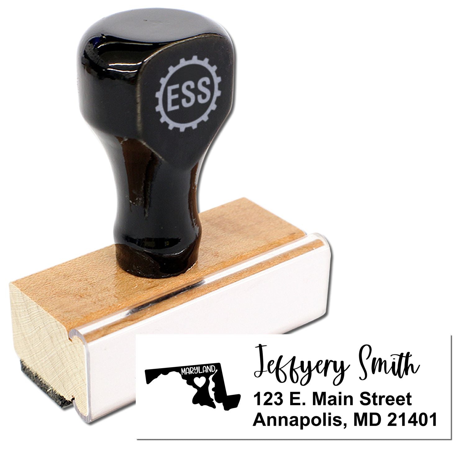 Maryland State Love Personalized Address Stamp with a wooden handle and black top. Features a Maryland state outline and customizable address text. Perfect for personalizing mail with style.