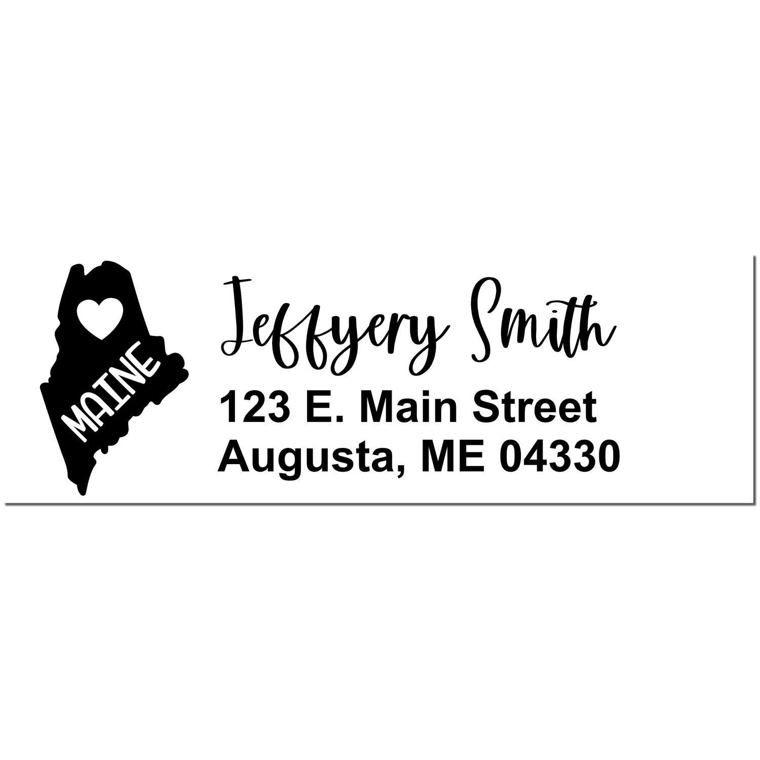 Slim Maine Custom Address Stamp for Envelopes featuring a heart inside the Maine state outline, personalized with Jeffery Smith, 123 E. Main Street, Augusta, ME 04330 in elegant script.