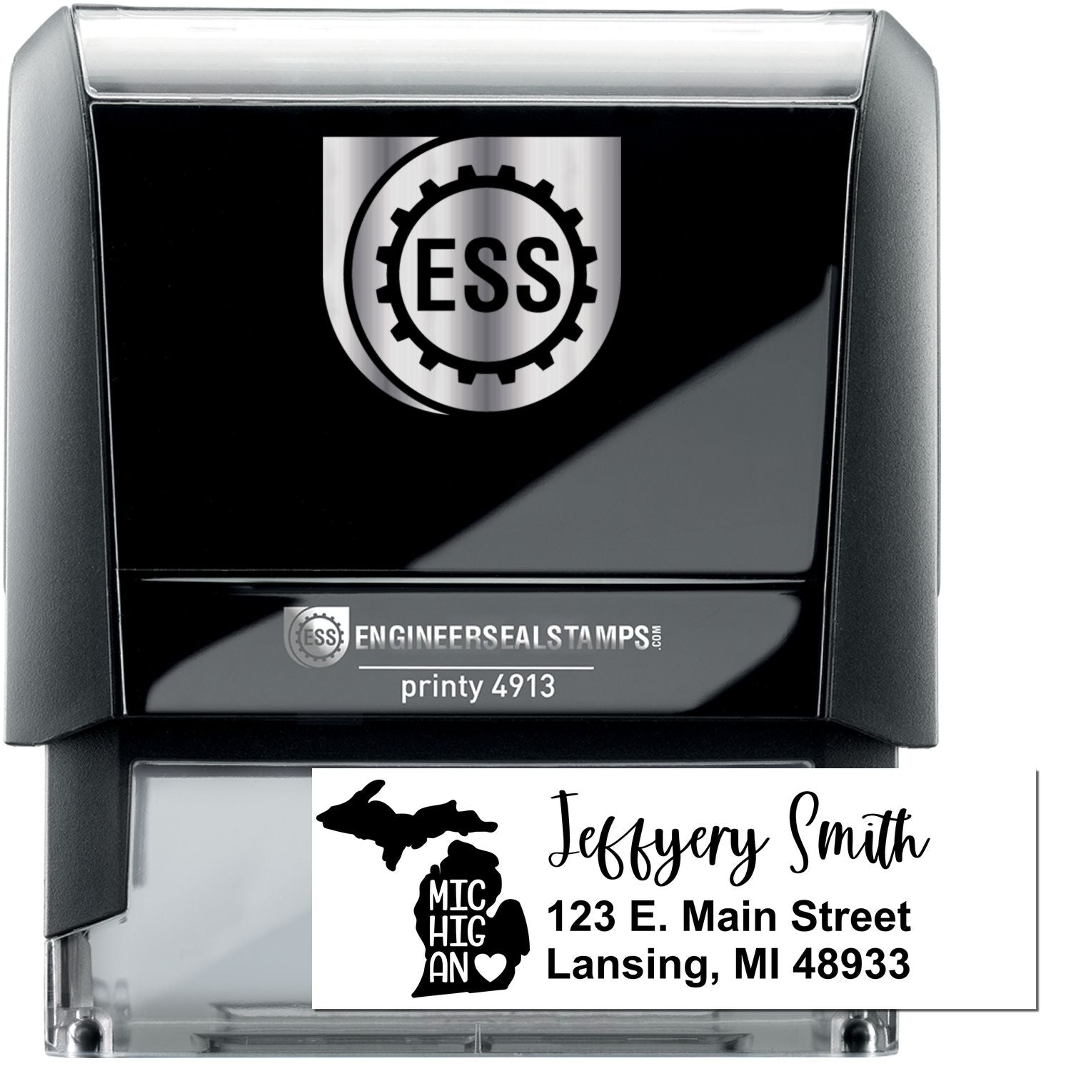 State Love of Michigan Custom Address Stamp Self-Inking, featuring a black design with Michigan and a heart, personalized with an address. Perfect for adding a personal touch to mail.