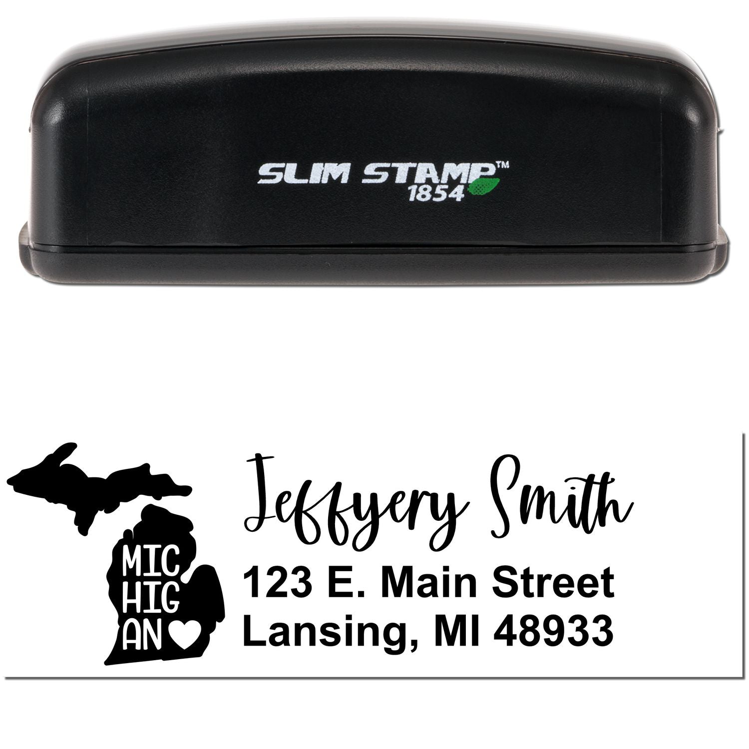 Slim Michigan Custom Address Stamp for Envelopes featuring a black casing and personalized design with Michigan map, name, and address in stylish font. Perfect for adding a personal touch to mail.