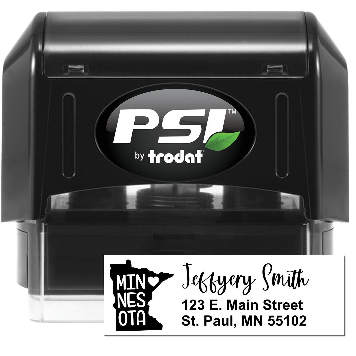 PSI Pre-Inked Minnesota State Love Customized Address Stamp featuring a black casing with a sample address and state outline design, ideal for personalized mailings.