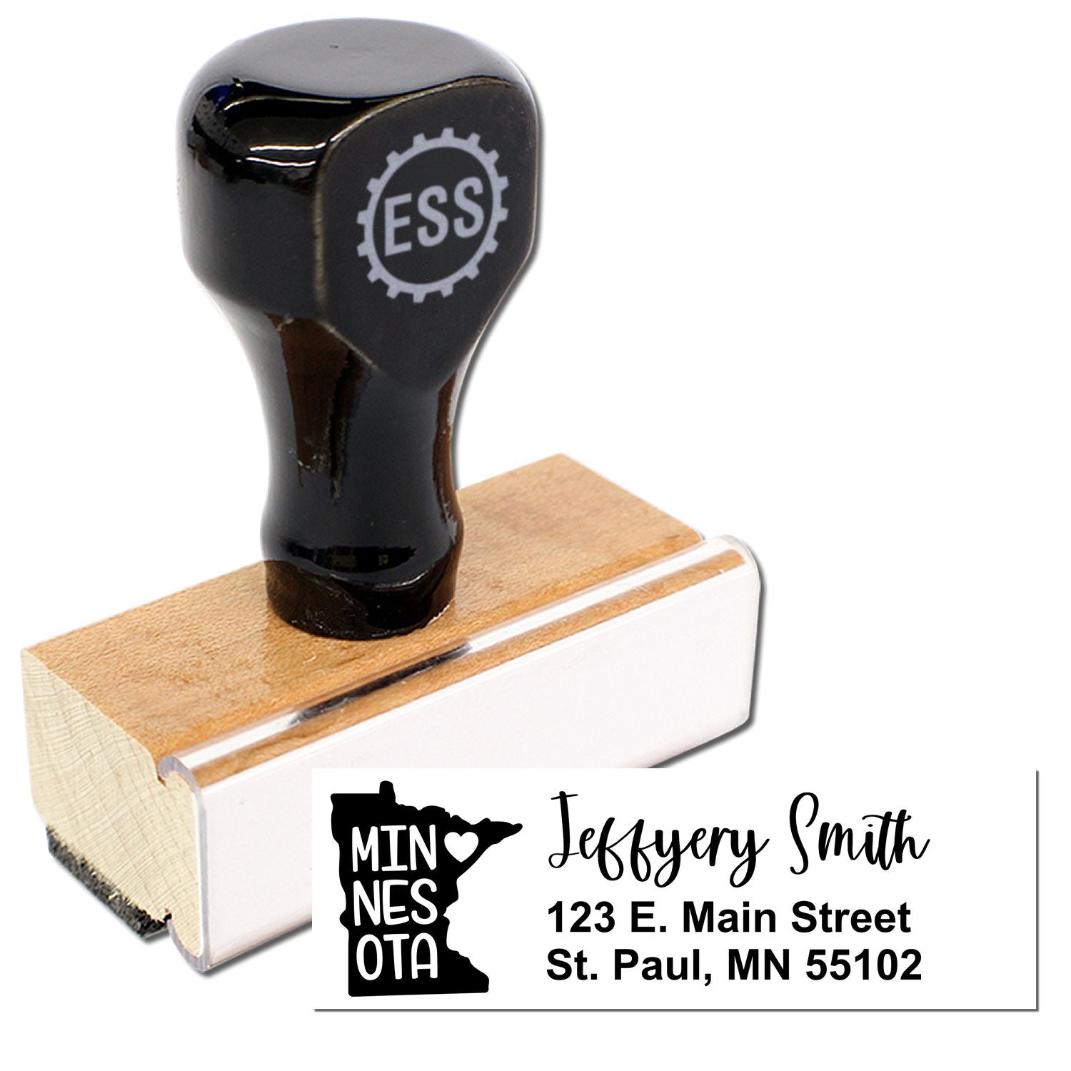 Image of a Minnesota State Love Personalized Address Stamp with a wooden handle and black top. The stamp imprint shows a map of Minnesota, personalized with a name and address in St. Paul, MN.