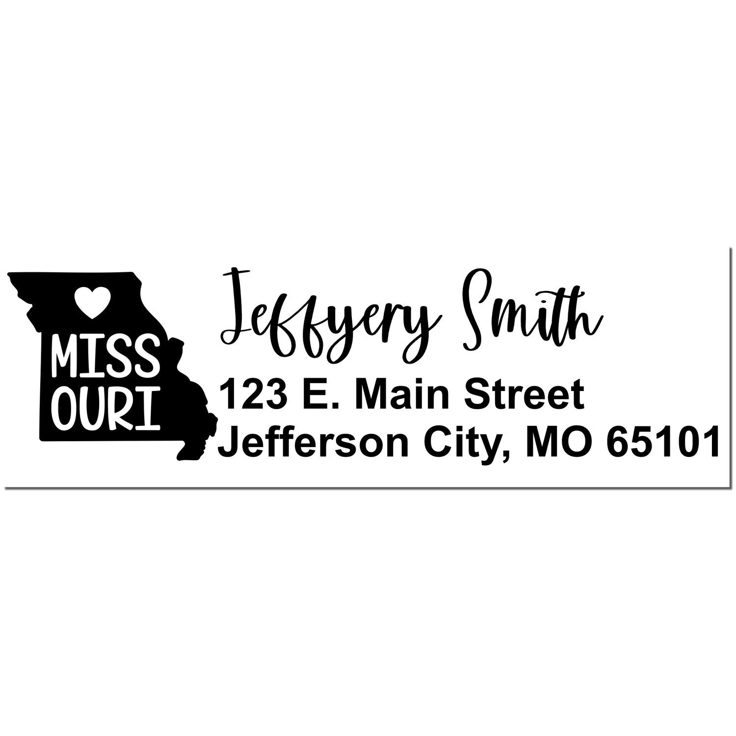 State Love of Missouri Custom Address Stamp Self-Inking featuring a heart in the state outline, personalized with Jeffery Smith, 123 E. Main Street, Jefferson City, MO 65101 in black ink.