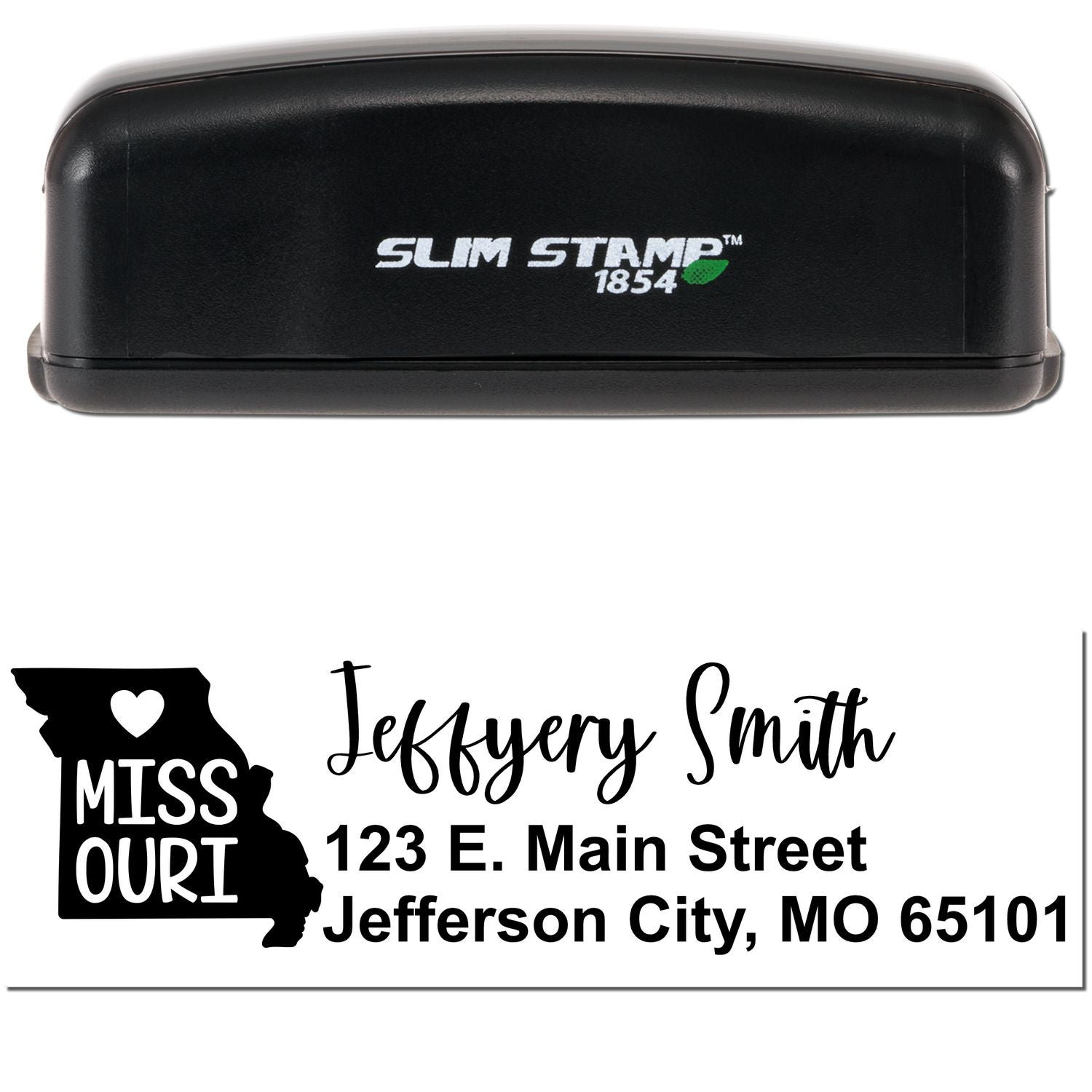 Slim Missouri Custom Address Stamp for Envelopes, featuring a black casing and a design with Missouri state outline. Personalizes with name and address for efficient mailing.