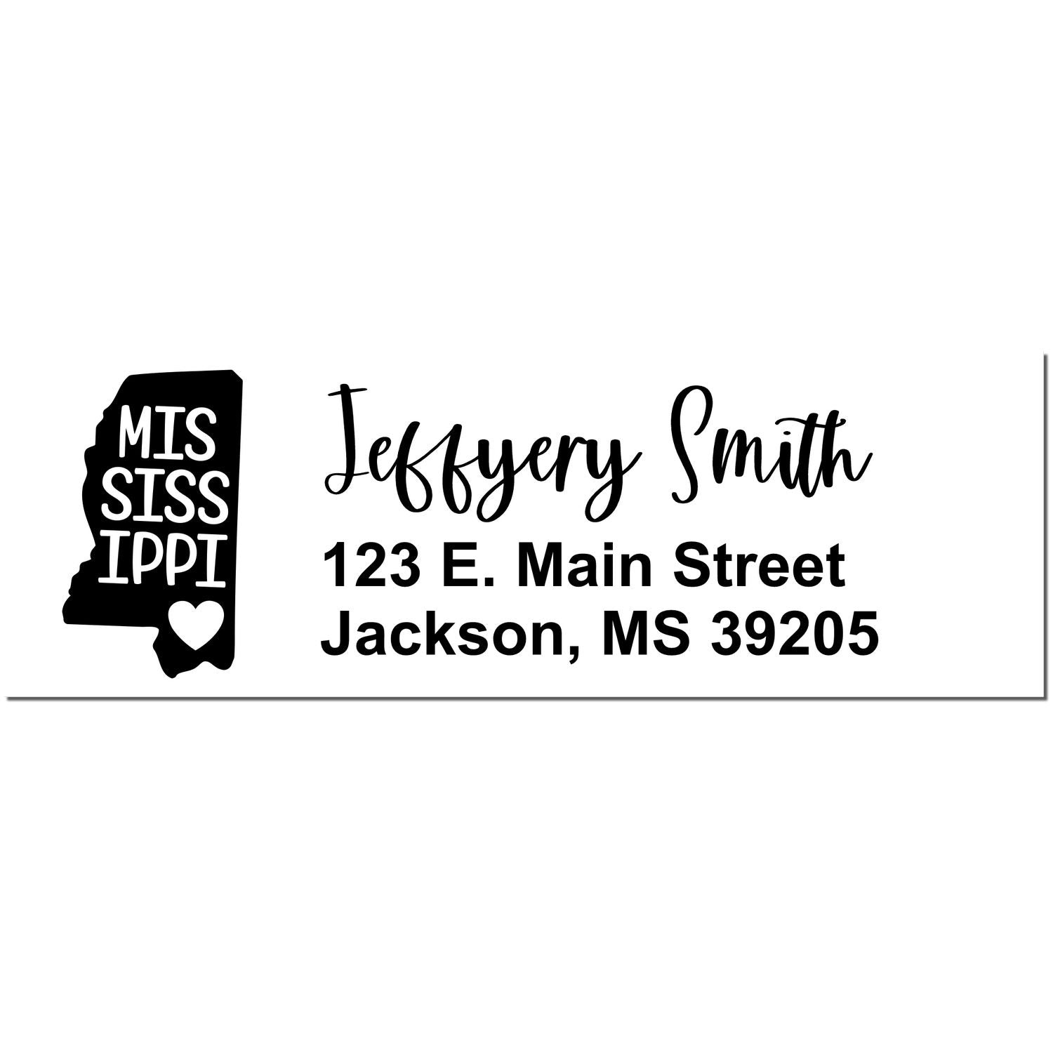 Mississippi State Love Personalized Address Stamp featuring a silhouette of Mississippi with a heart, and custom text for name and address in elegant script.