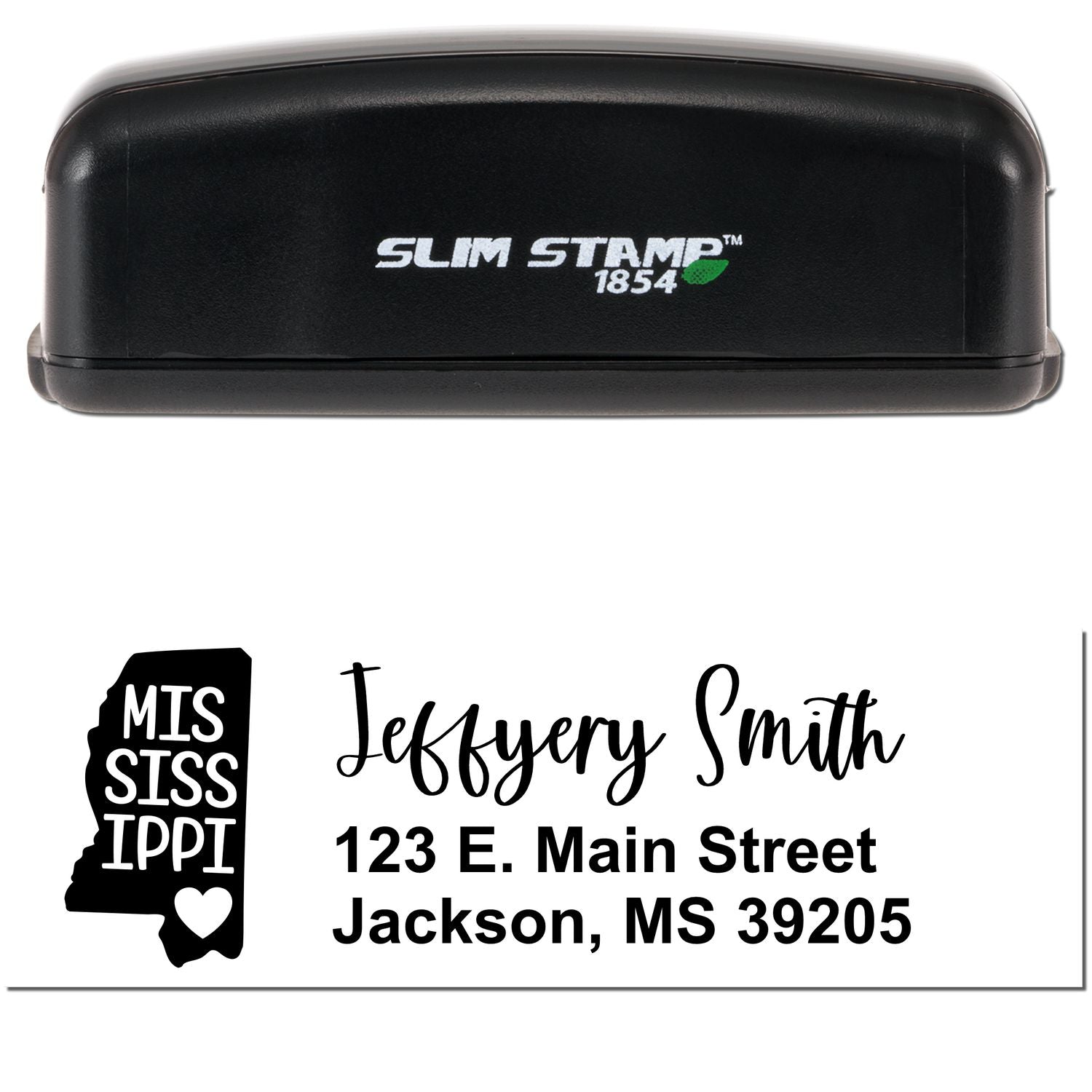 Image of a Slim Mississippi Custom Address Stamp for Envelopes, featuring a black stamp with Slim Stamp 1854 branding and a sample address design with a Mississippi state outline and heart.