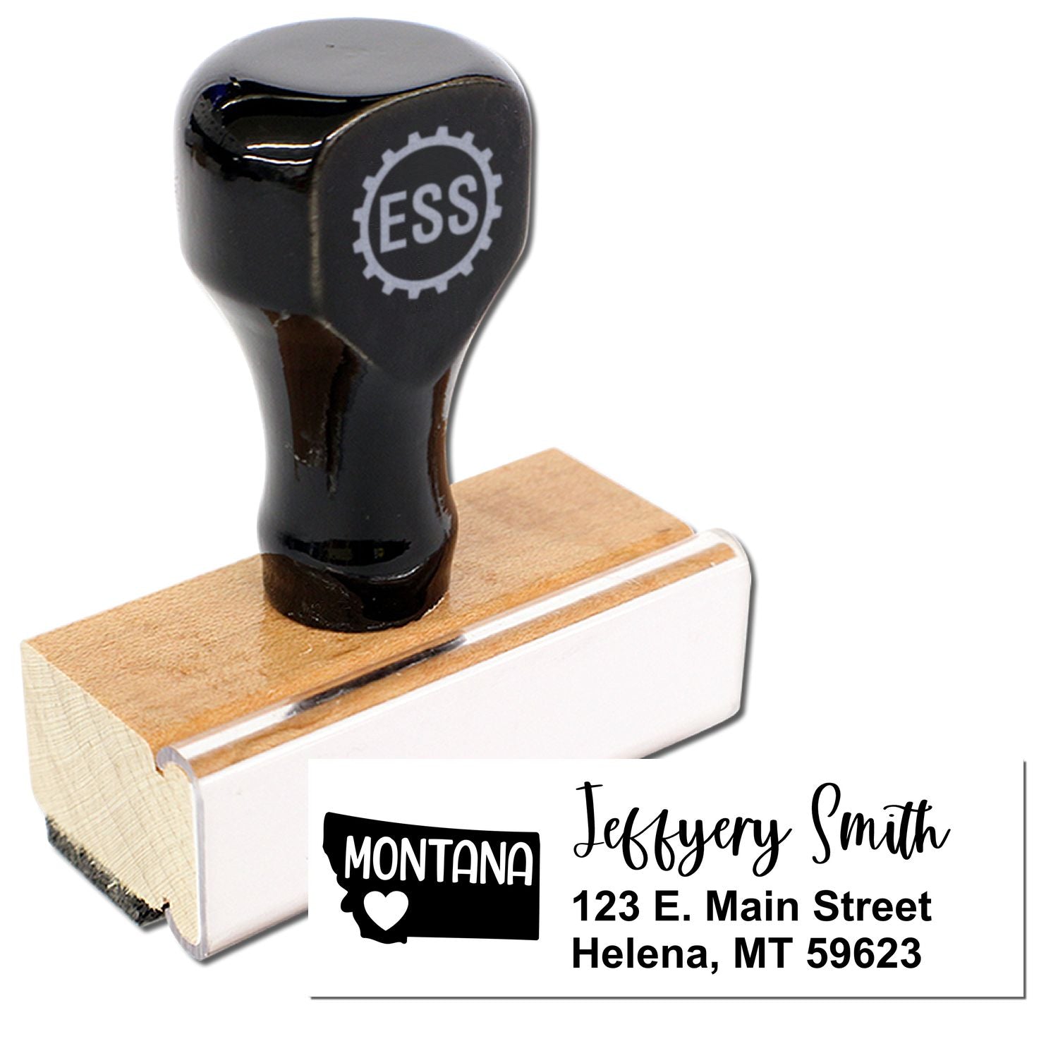 Montana State Love Personalized Address Stamp with a wooden handle and black top, featuring a custom address design for Jeffery Smith in Helena, MT. Perfect for personalizing mail.