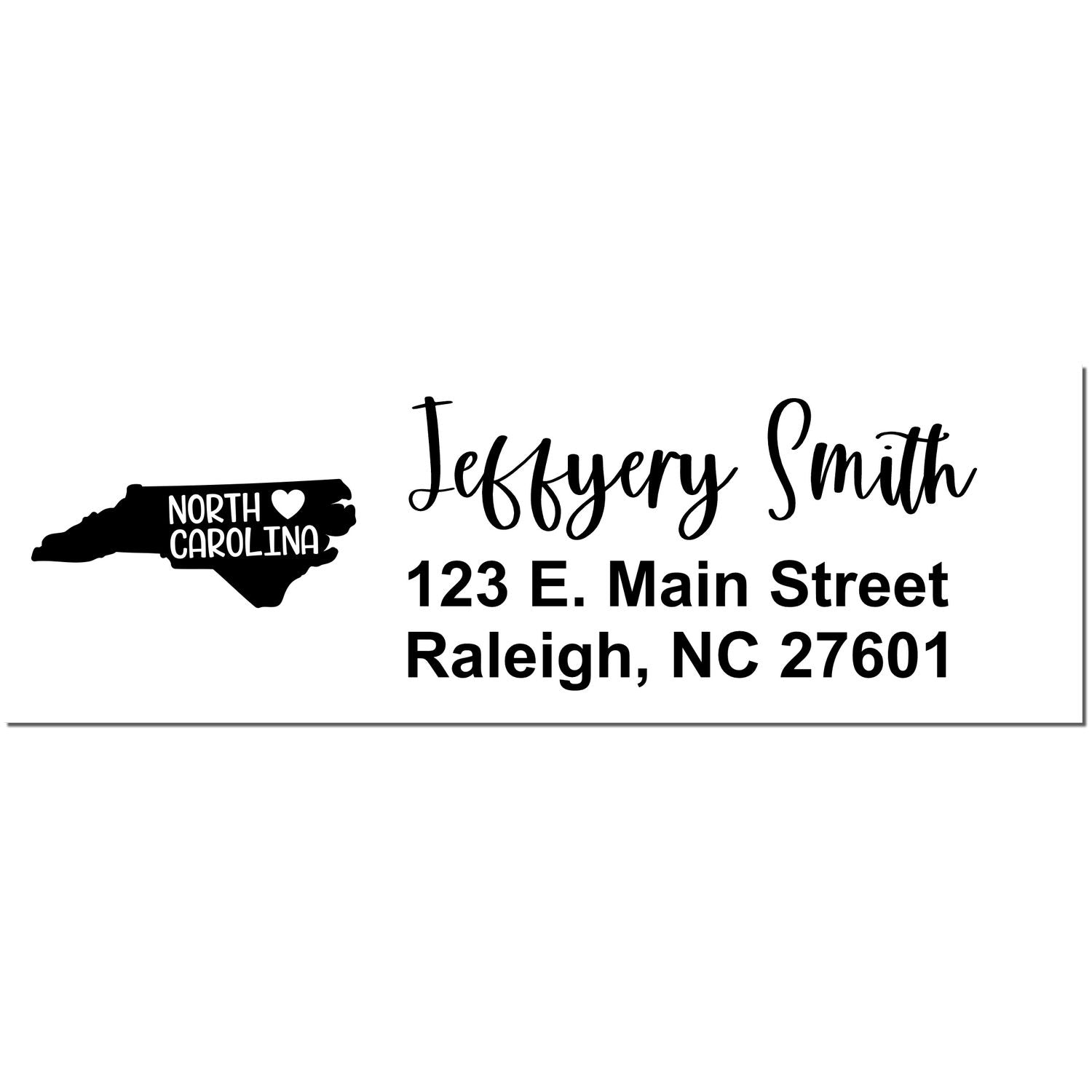 North Carolina State Love Personalized Address Stamp featuring a silhouette of North Carolina with a heart, and customizable text for name and address in elegant script.