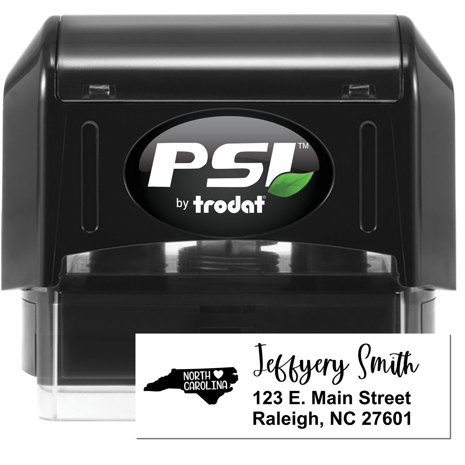 PSI Pre-Inked North Carolina State Love Customized Address Stamp featuring a black casing with a sample address: Jeffery Smith, 123 E. Main Street, Raleigh, NC 27601, and a North Carolina state outline.