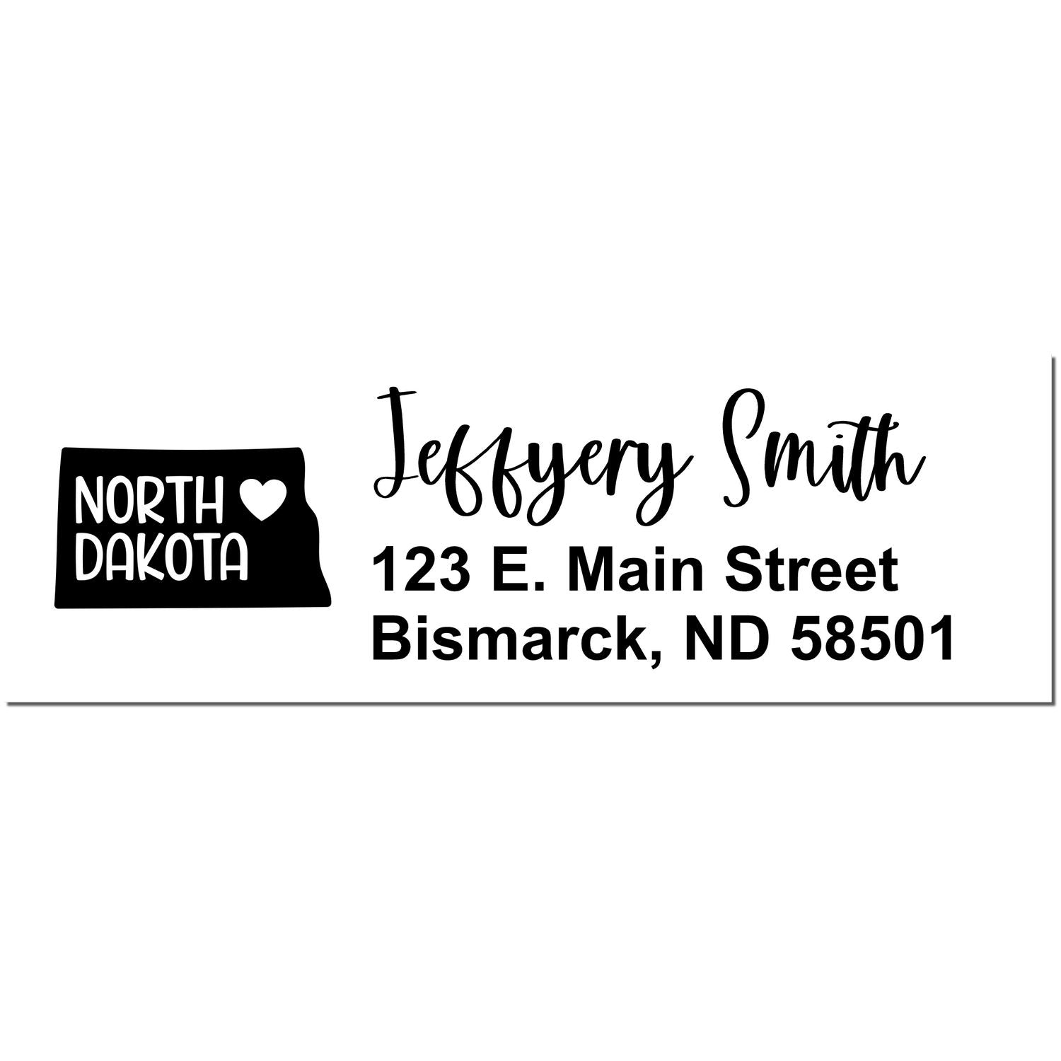 North Dakota State Love Personalized Address Stamp featuring a heart design, personalized with Jeffery Smith, 123 E. Main Street, Bismarck, ND 58501 in elegant black font.