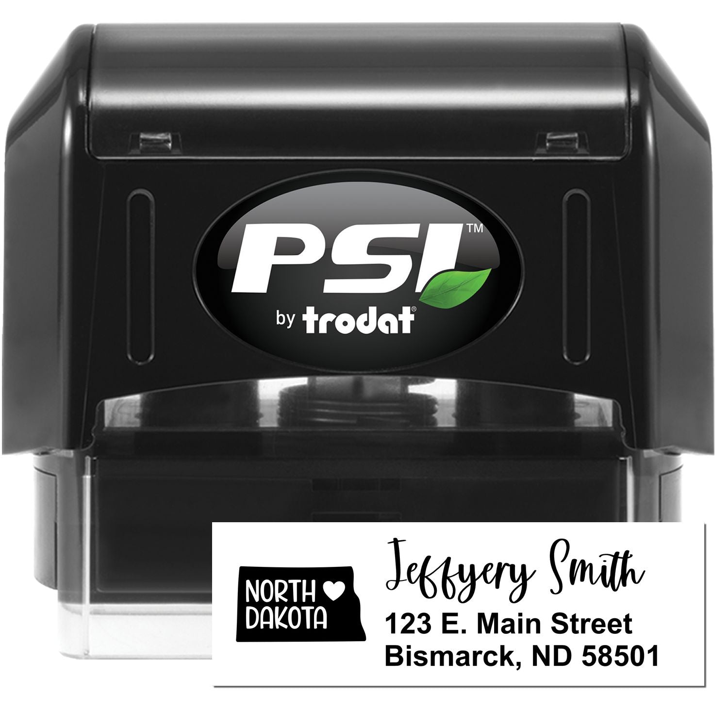 PSI Pre-Inked North Dakota State Love Customized Address Stamp, featuring a sleek black design with a sample address. Perfect for personalized mailings from Bismarck, ND.